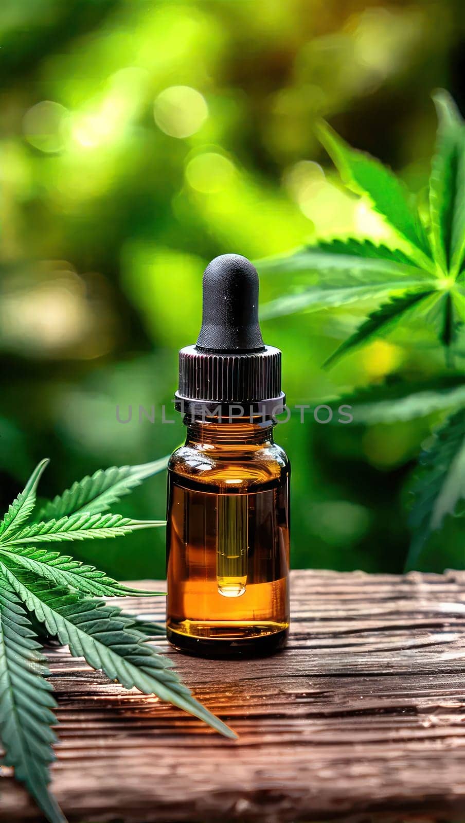 Vertical picture of small dropper bottle of CBD oil on blurred background. by VeroDibe