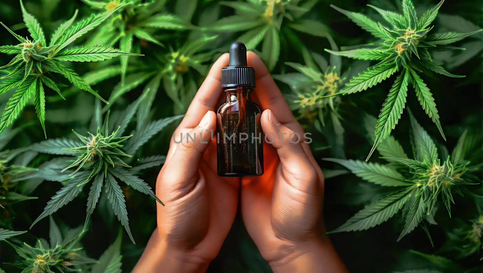 Top view photo of hands holding a small bottle of CBD oil. Alternative medicine. by VeroDibe