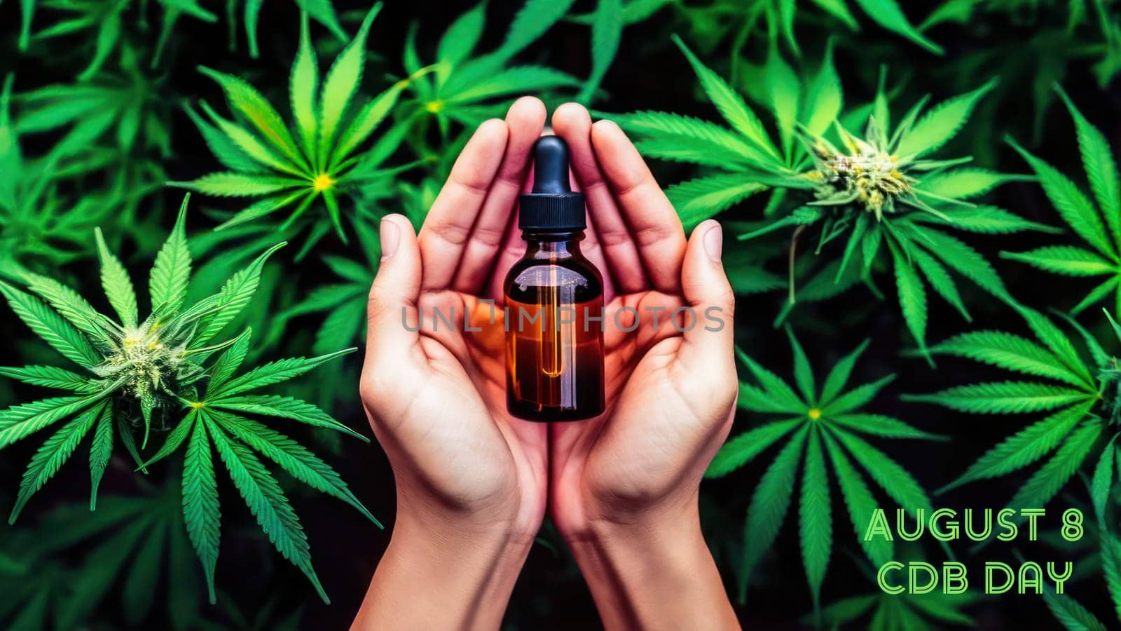 Hands holding a small bottle of CBD oil, alternative pain relief medicine by VeroDibe