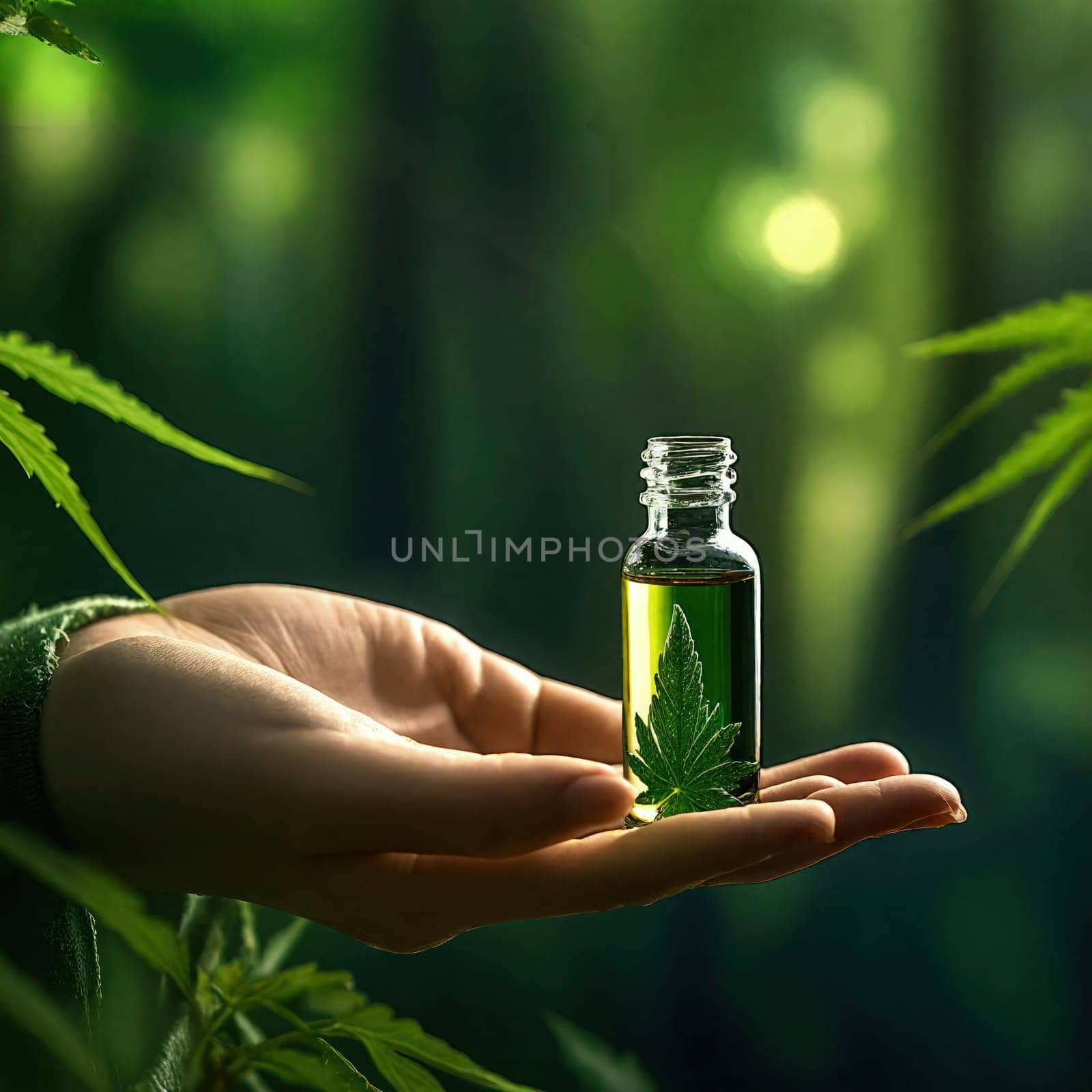 Close-up of hand holding small bottle of CBD oil on green blurred background. by VeroDibe