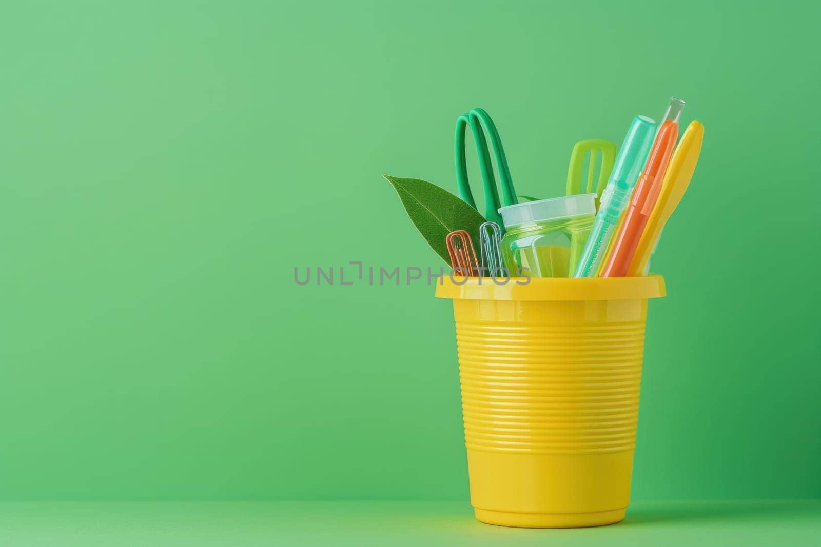 Disposable picnic utensils arranged with a yellow plastic cup on a vibrant green background, perfect for summer travel outings by Vichizh
