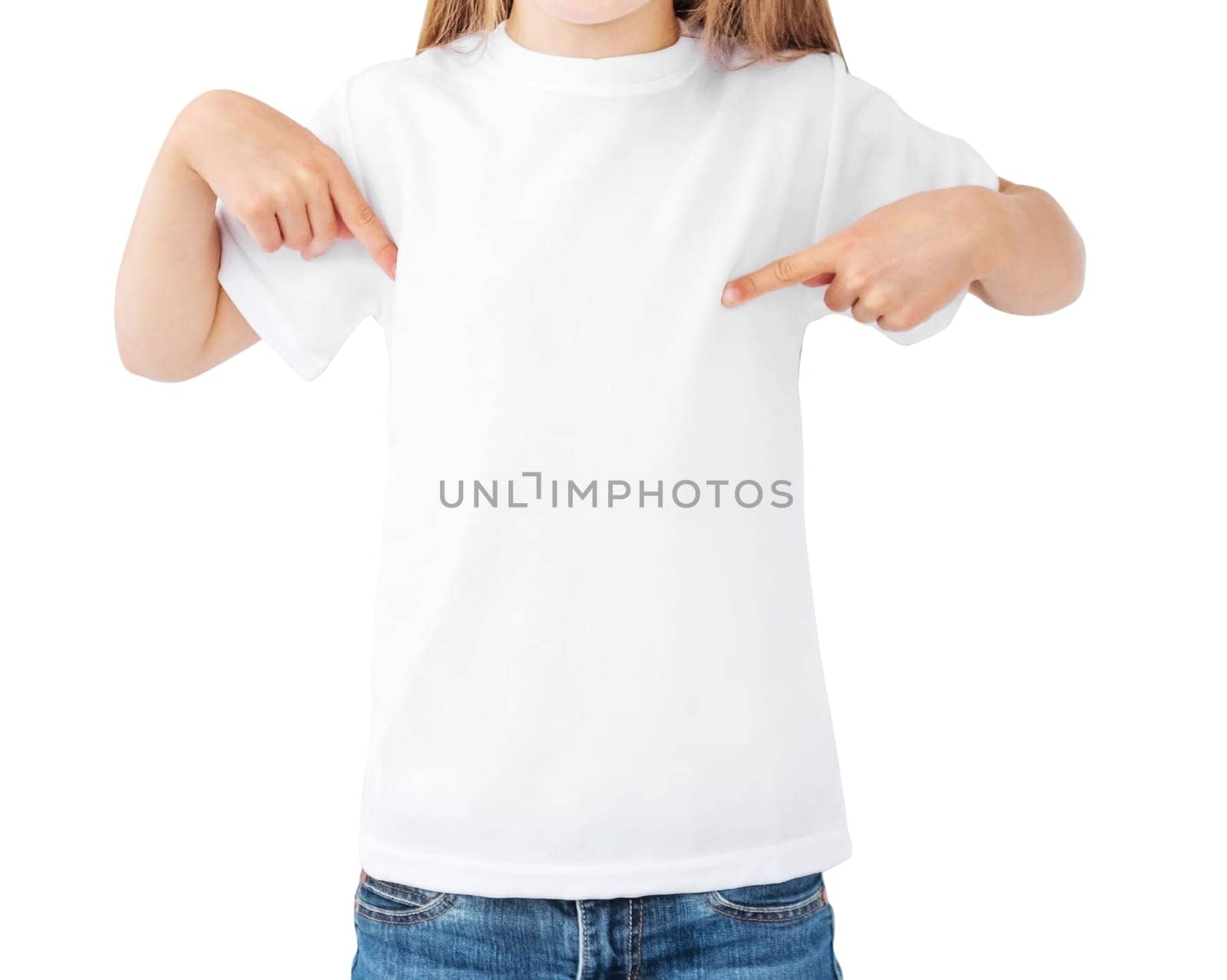 little kid girl pointing on a white t shirt, template blank t-shirt isolated on white background