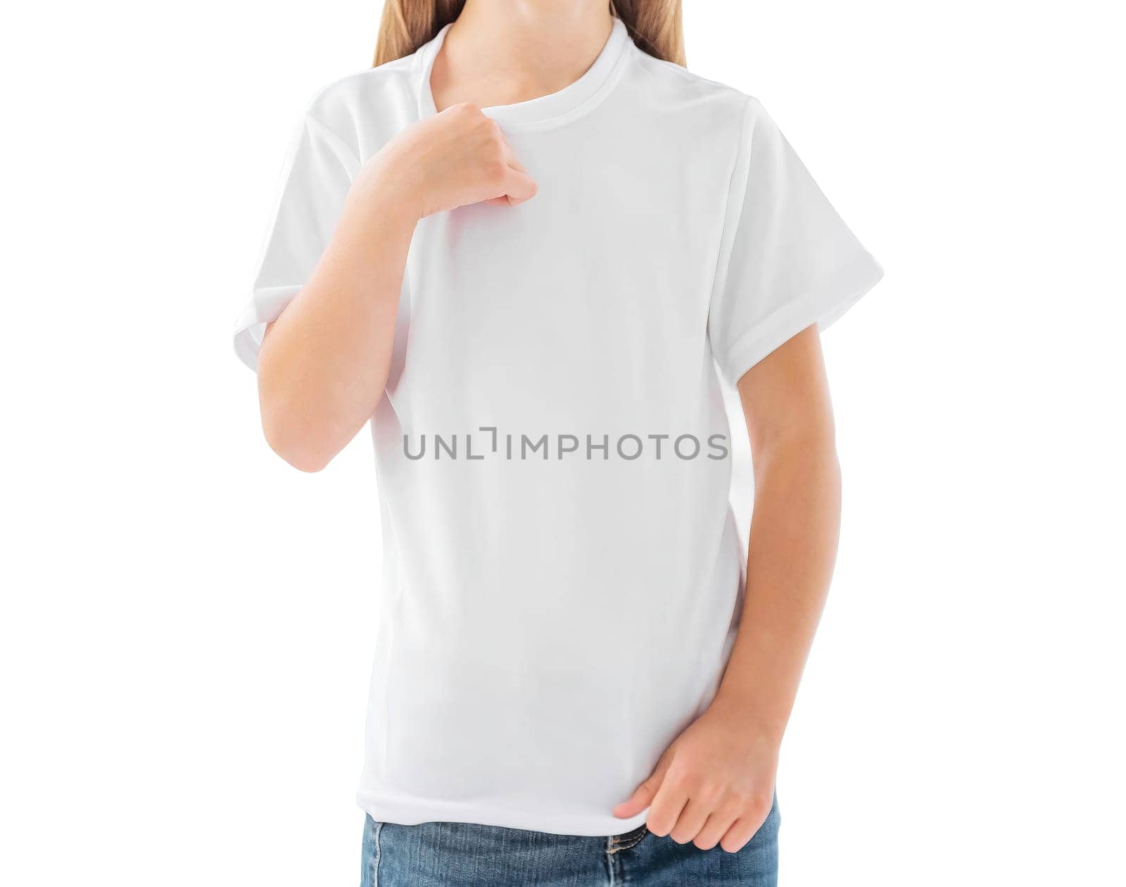 Little Kid Girl In White T Shirt, Blank Template Isolated On White Background