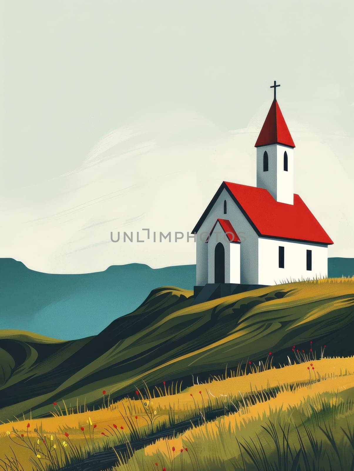 Scenic church on hill overlooking majestic mountains in travel and nature destination concept