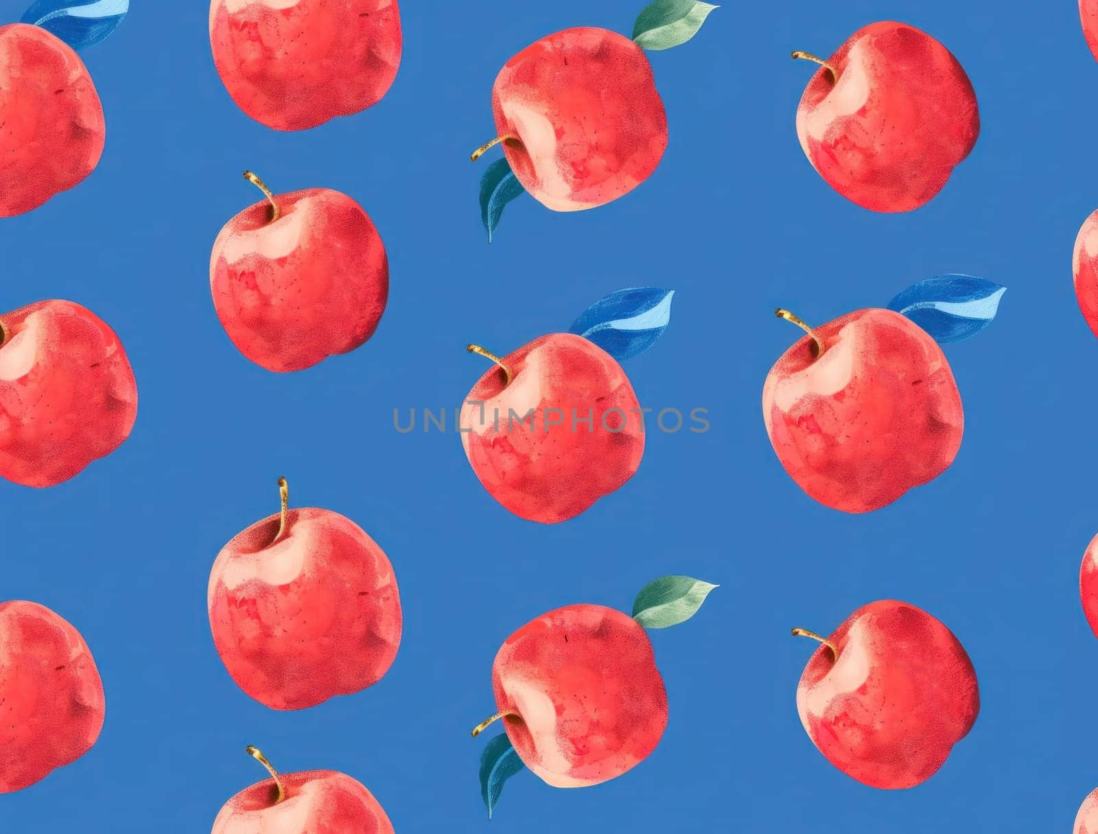 Watercolor pattern of red apples and leaves on blue background for kitchen decor and food packaging