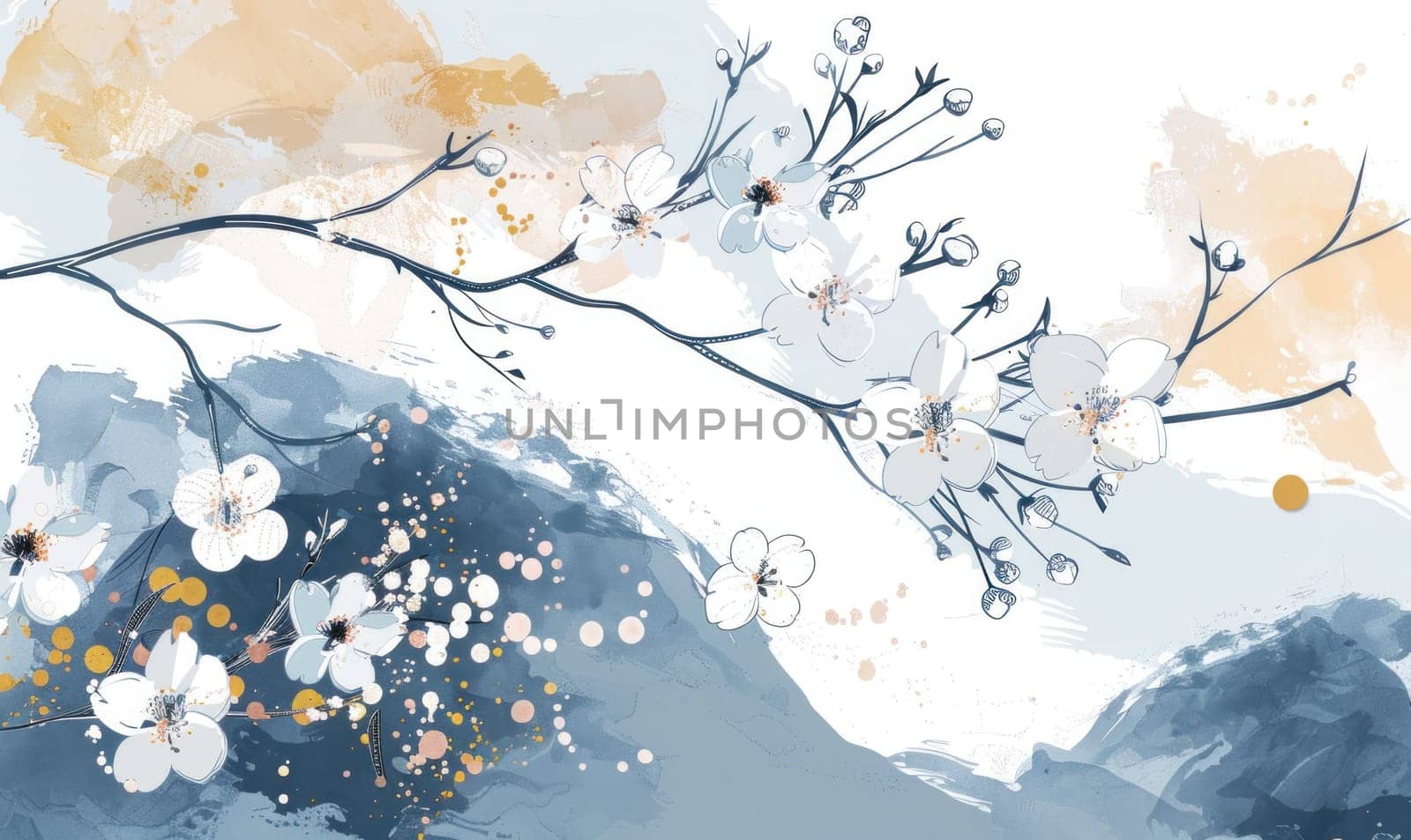 Flowers on branches with blue sky and mountains in background, nature's beauty and tranquility in artistic painting