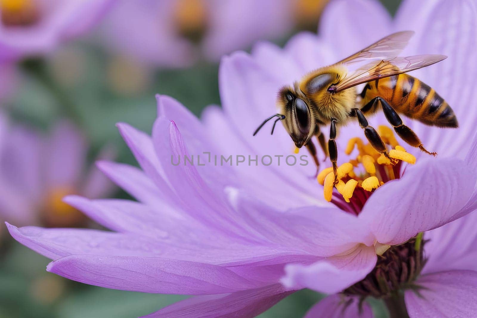 Bee on a purple flower. Close-up by Ekaterina34