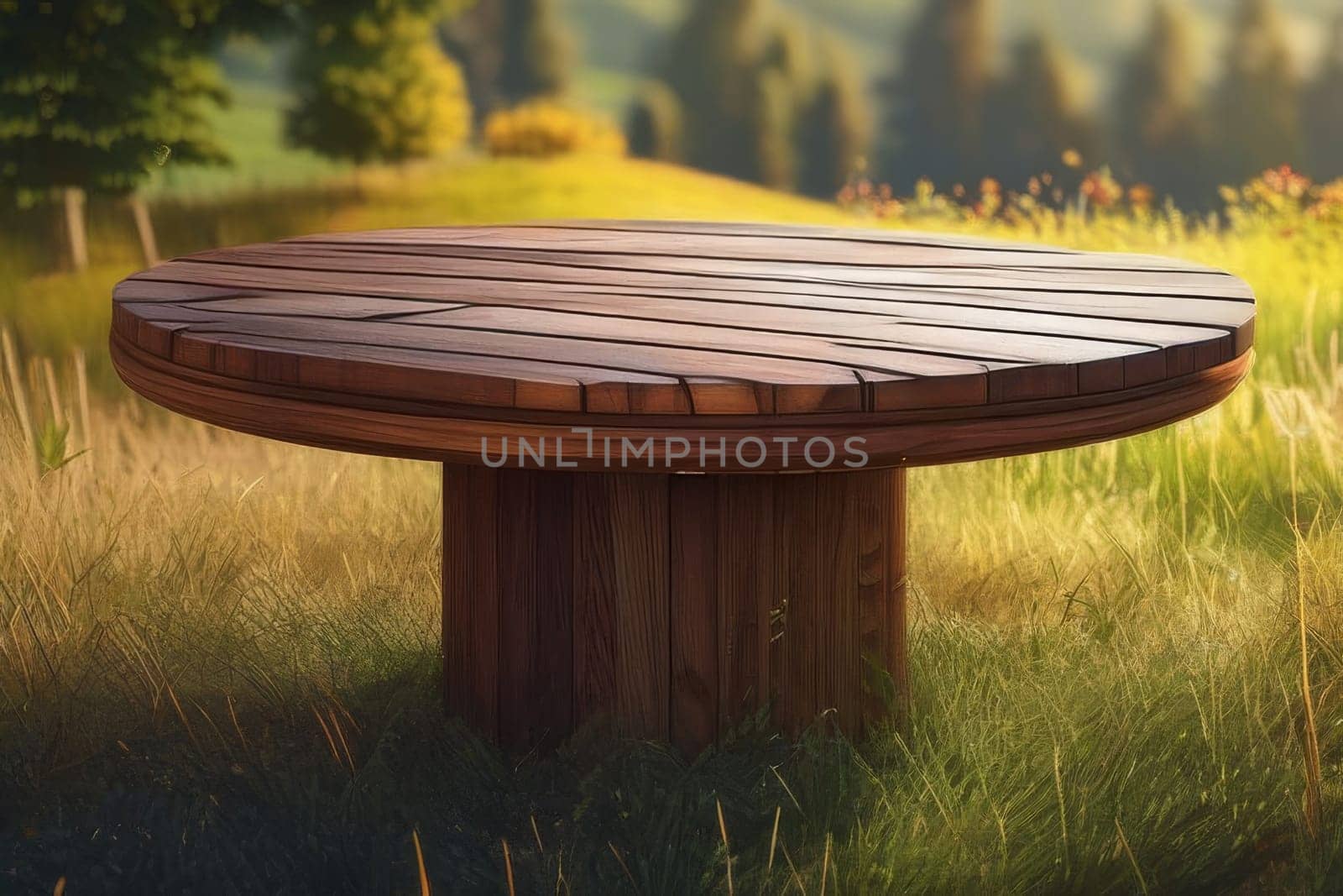 Wooden board empty table in front of blurred background. Perspective brown wood over blur trees in forest - can be used mock up for display or montage your products