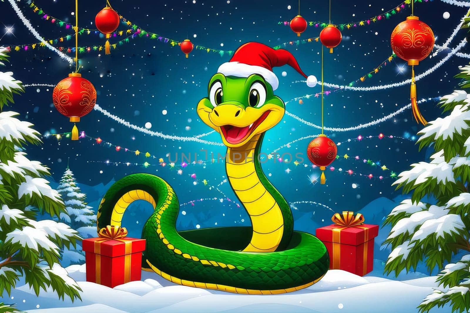 Cute cartoon green snake near the Christmas tree in the winter forest. by Ekaterina34