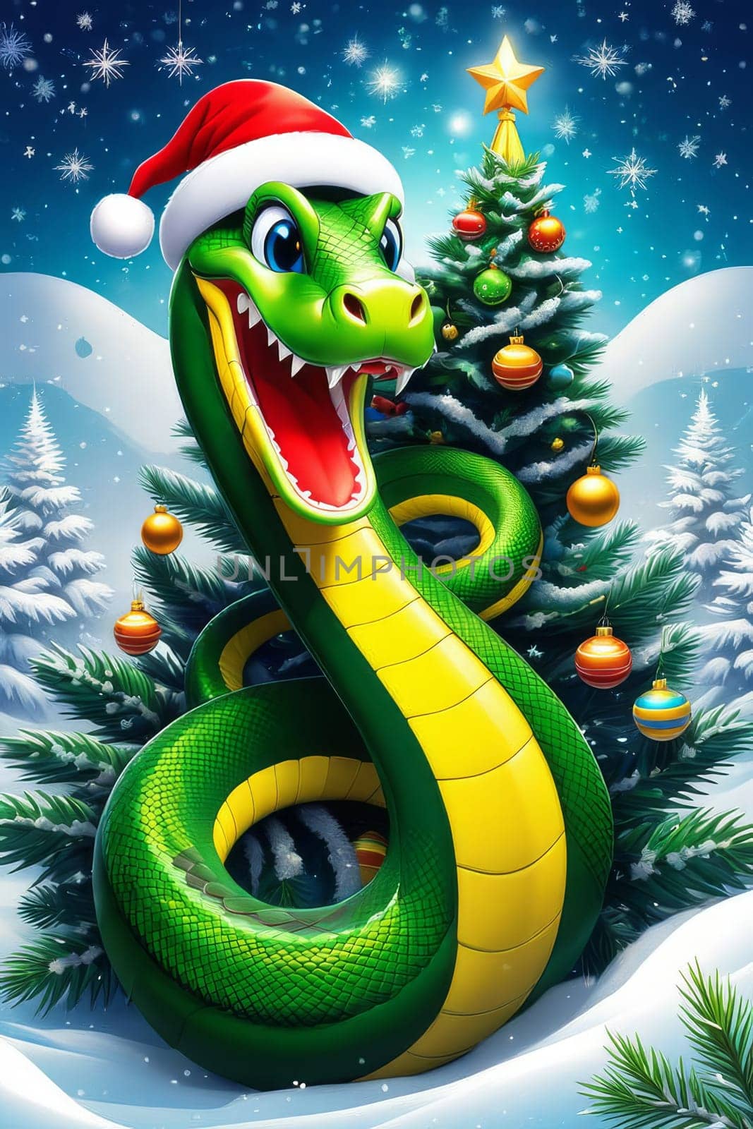 Cute cartoon green snake near the Christmas tree in the winter forest. by Ekaterina34