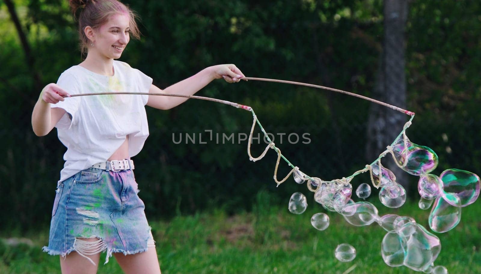 Girl Blows Large Soap Bubbles, Outdoor Fun