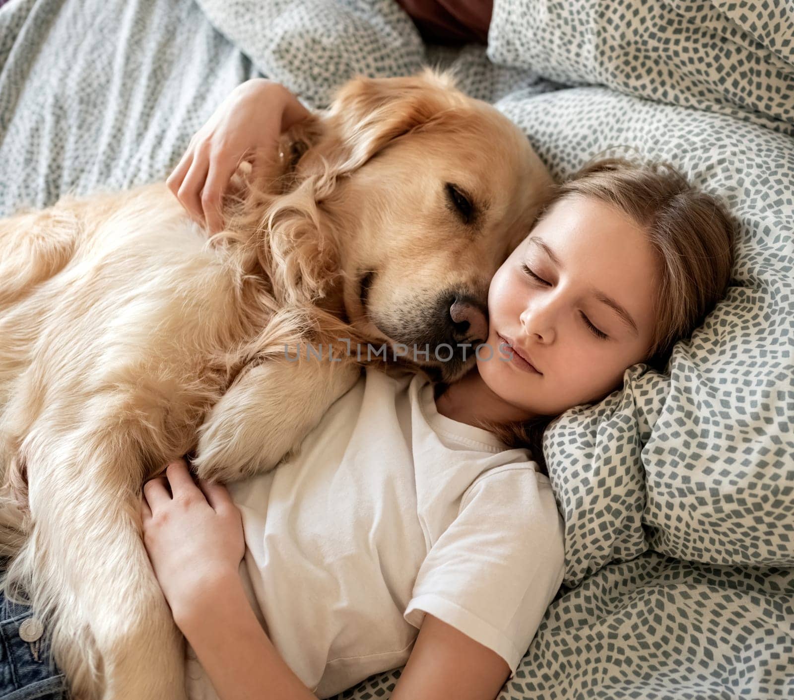 Cute Little Girl Sleeping With Dog In Embrace In Bed