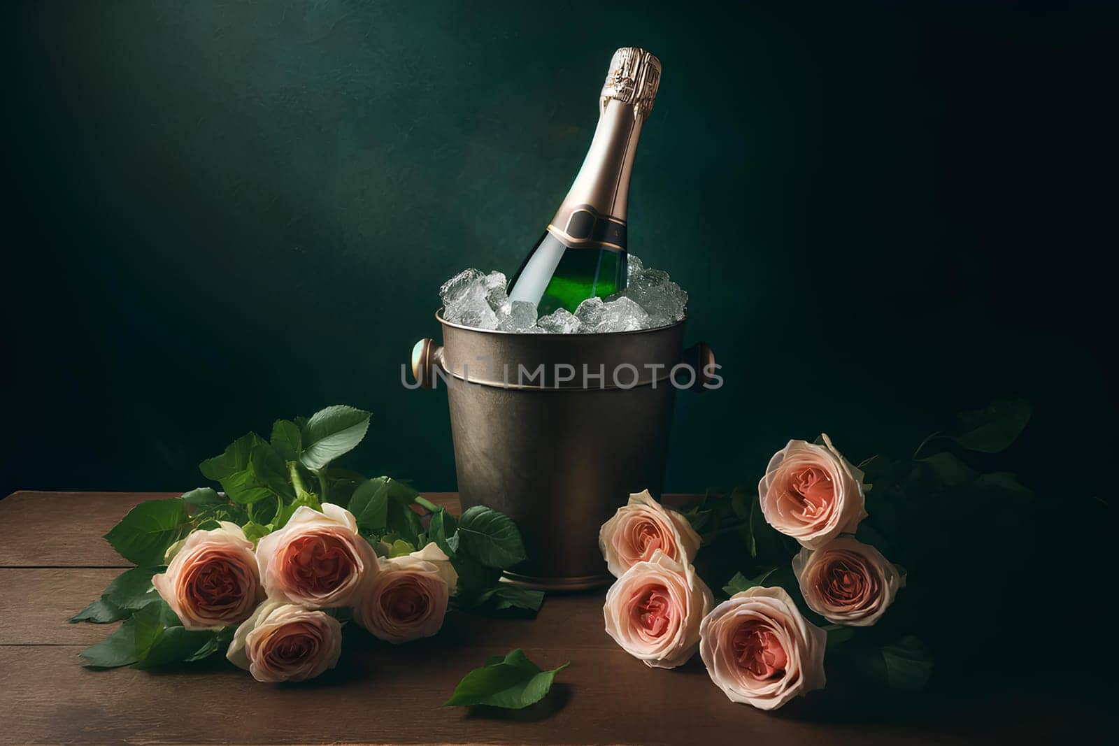 A single bottle of champagne in an ice bucket on a dark green background with beautiful roses lying next to the bucket.