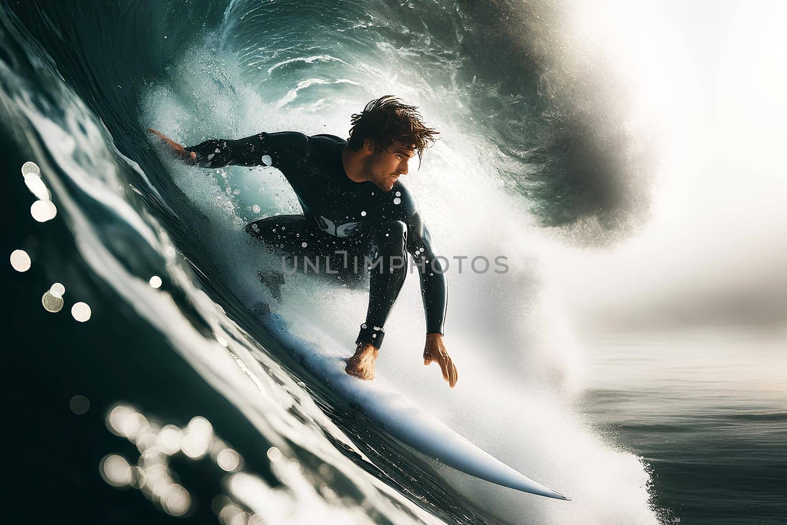 surfer on a board on a big wave close-up