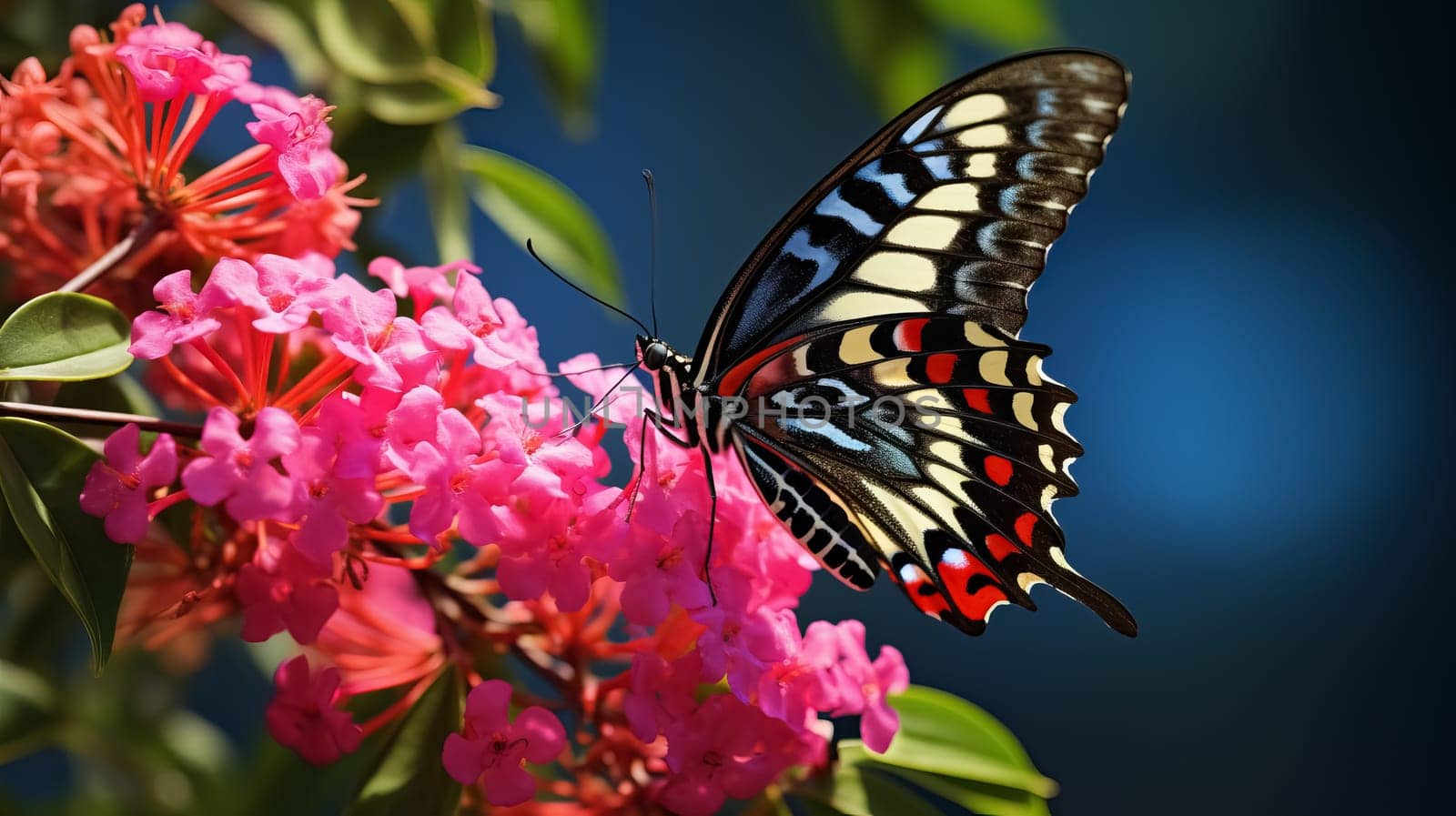 Beautiful multi-colored butterfly on a flower. Beauty in nature. Ai art.