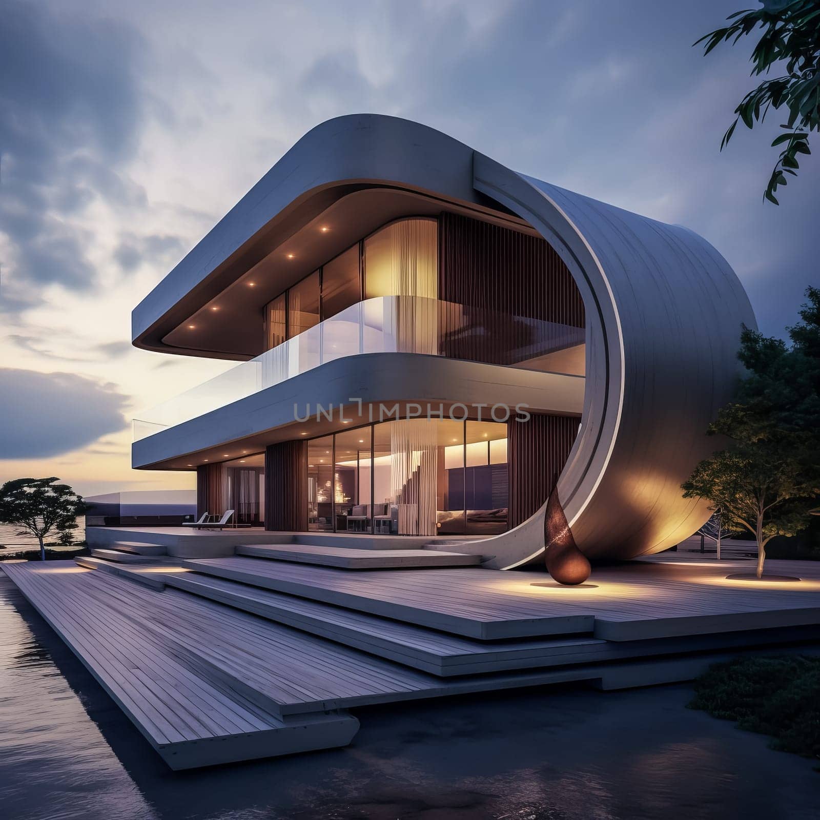 Architecture modern exterior building design. Modern house in the evening. Ai art