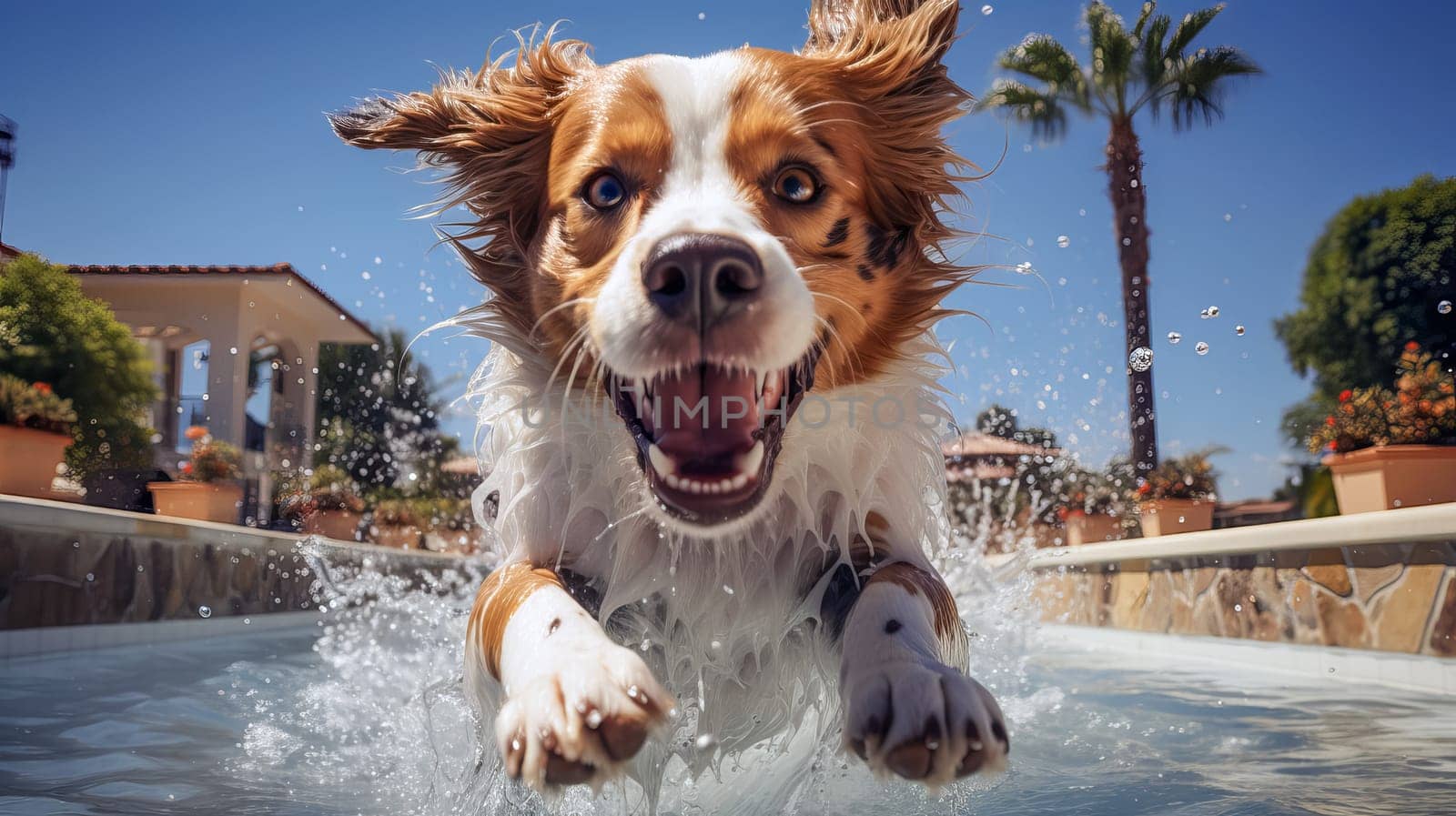 Joyful dog swims in the pool. Summer vacation concept. Ai art.