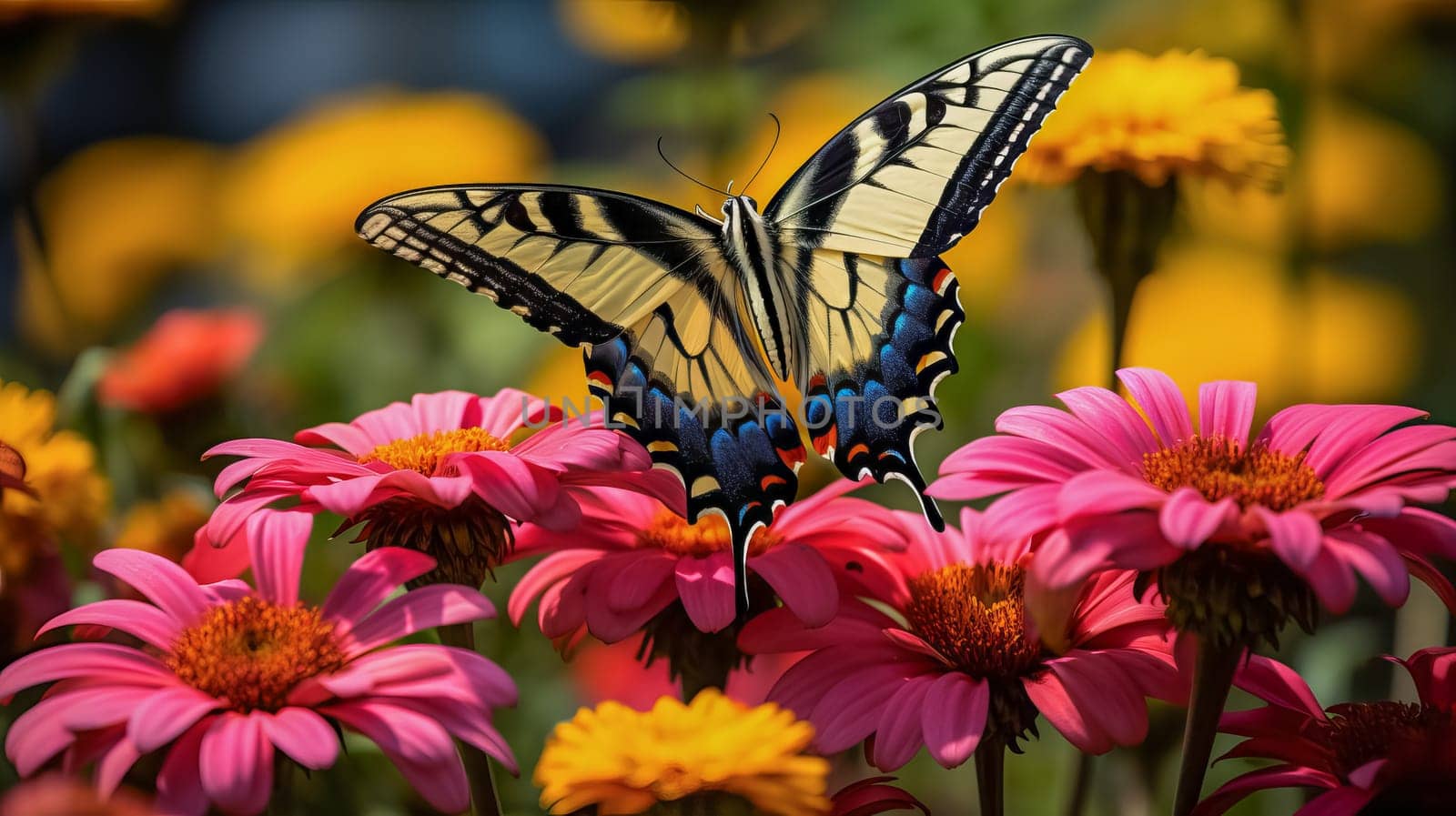 Beautiful multi-colored butterfly on a flower. Beauty in nature. Ai art.