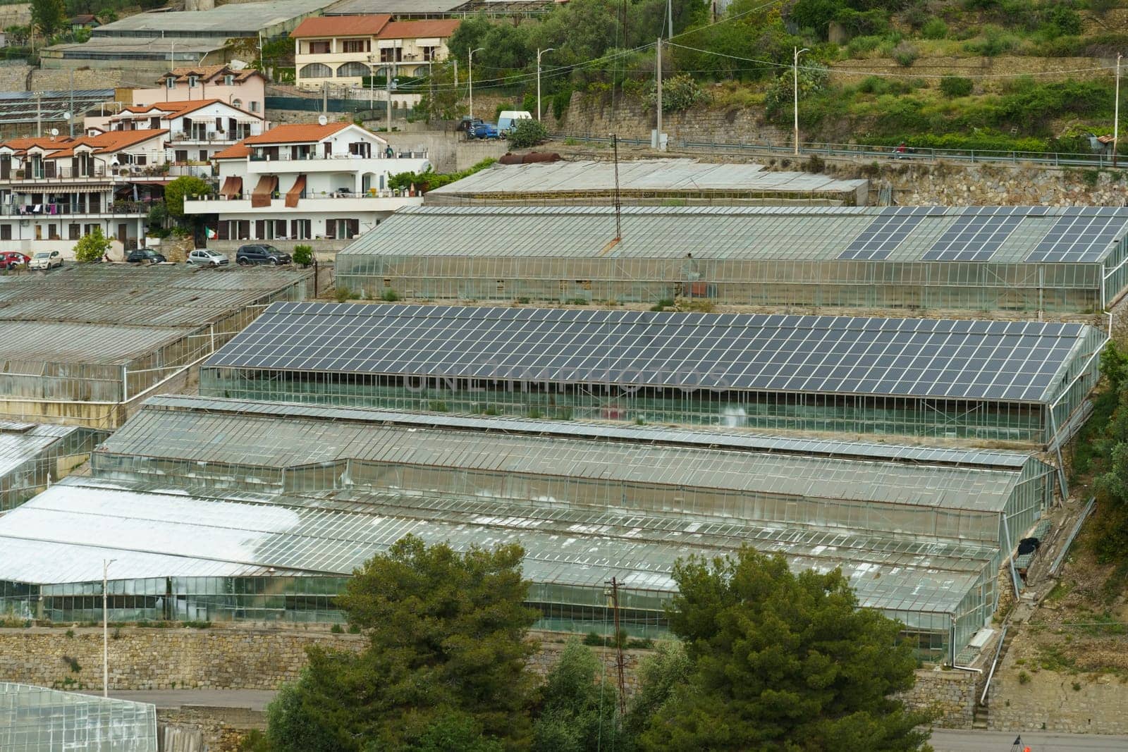 A high-angle view of a large greenhouse complex situated in a coastal Italian town, surrounded by residential buildings and lush greenery.