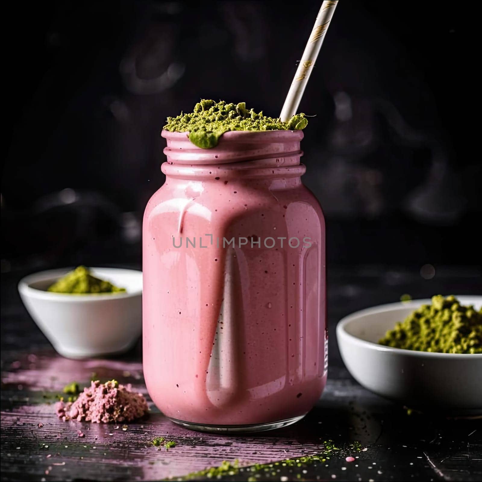 Photo of pink matcha from bright dragon fruit powder. It is rich in vitamins and minerals. Sweet taste reminiscent of a mixture of strawberries and kiwi.