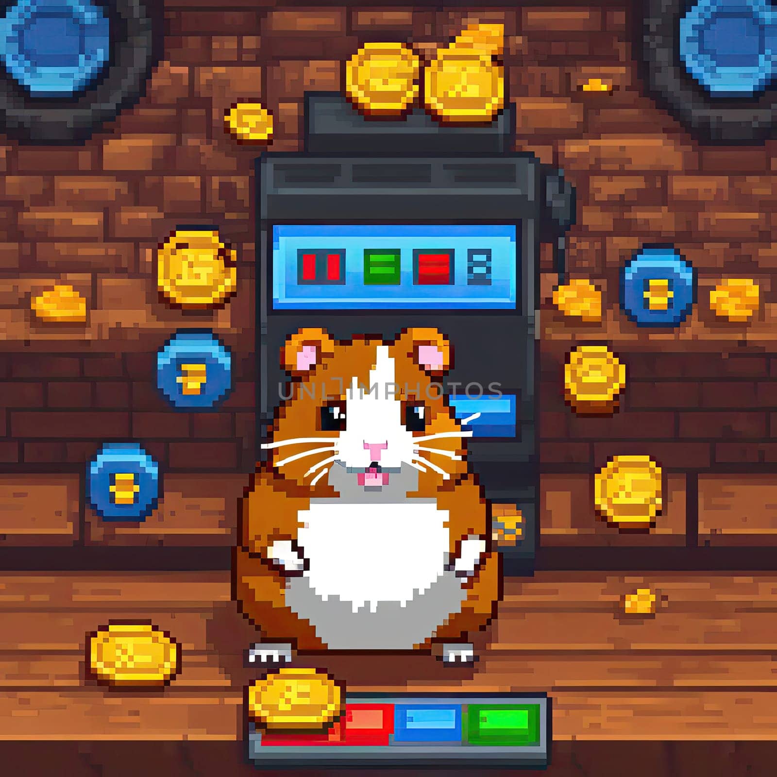 pixel art Illustration of a cute hamster with coins flying and lying on the floor on a black background. An exciting game for money. Click on the furry animal and win.