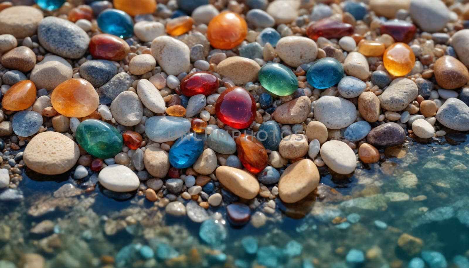 A close-up shot of a pebble beach in Greece, where smooth, colorful stones are arranged in a mesmerizing pattern. The azure waters of the Aegean Sea lap gently at the shore, creating a breathtaking contrast with the vibrant hues of the rocks.