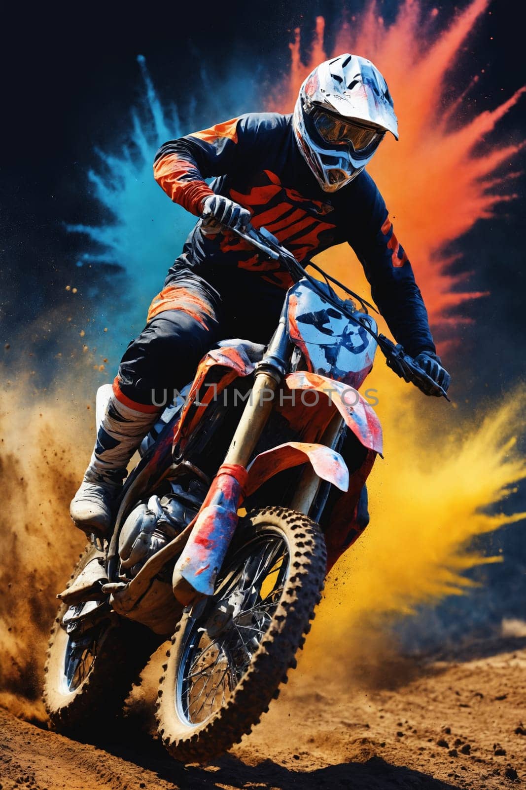 A motocross rider speeds through a dirt track, kicking up a cloud of yellow dust and leaving a trail of vibrant blue and orange color behind him. The rider is in mid-air, his front wheel just touching the ground, his eyes focused ahead.