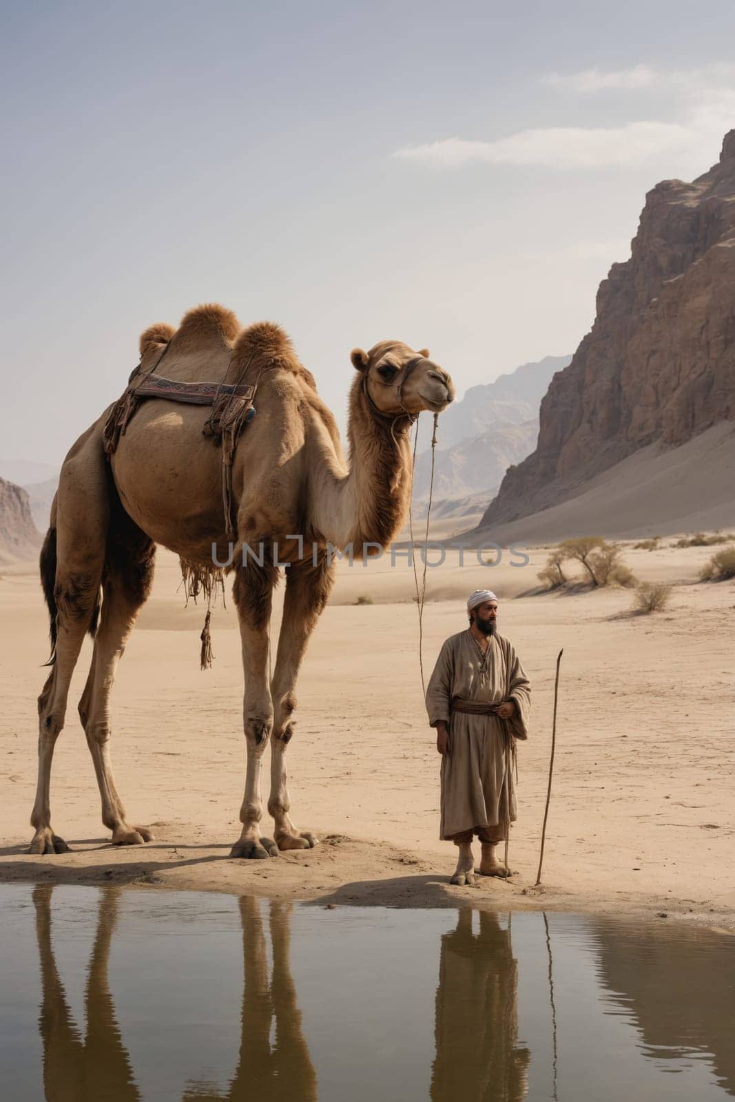 A man in traditional Arab attire rides a camel across a vast, sandy desert landscape. The camel strides confidently, its long legs carrying the man across the dunes. A second man, also wearing traditional clothes, walks beside the camel. The sunlight casts long shadows on the sand, creating a sense of depth and solitude.