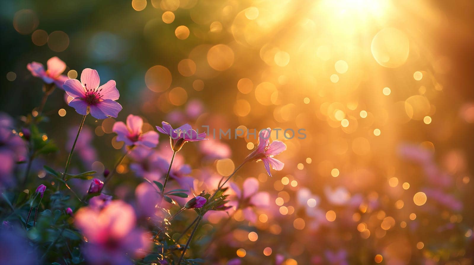 The warm light of sunset bathes a field of pink wildflowers, with the golden rays creating a bokeh effect that enhances the delicate beauty of the blooms - Generative AI