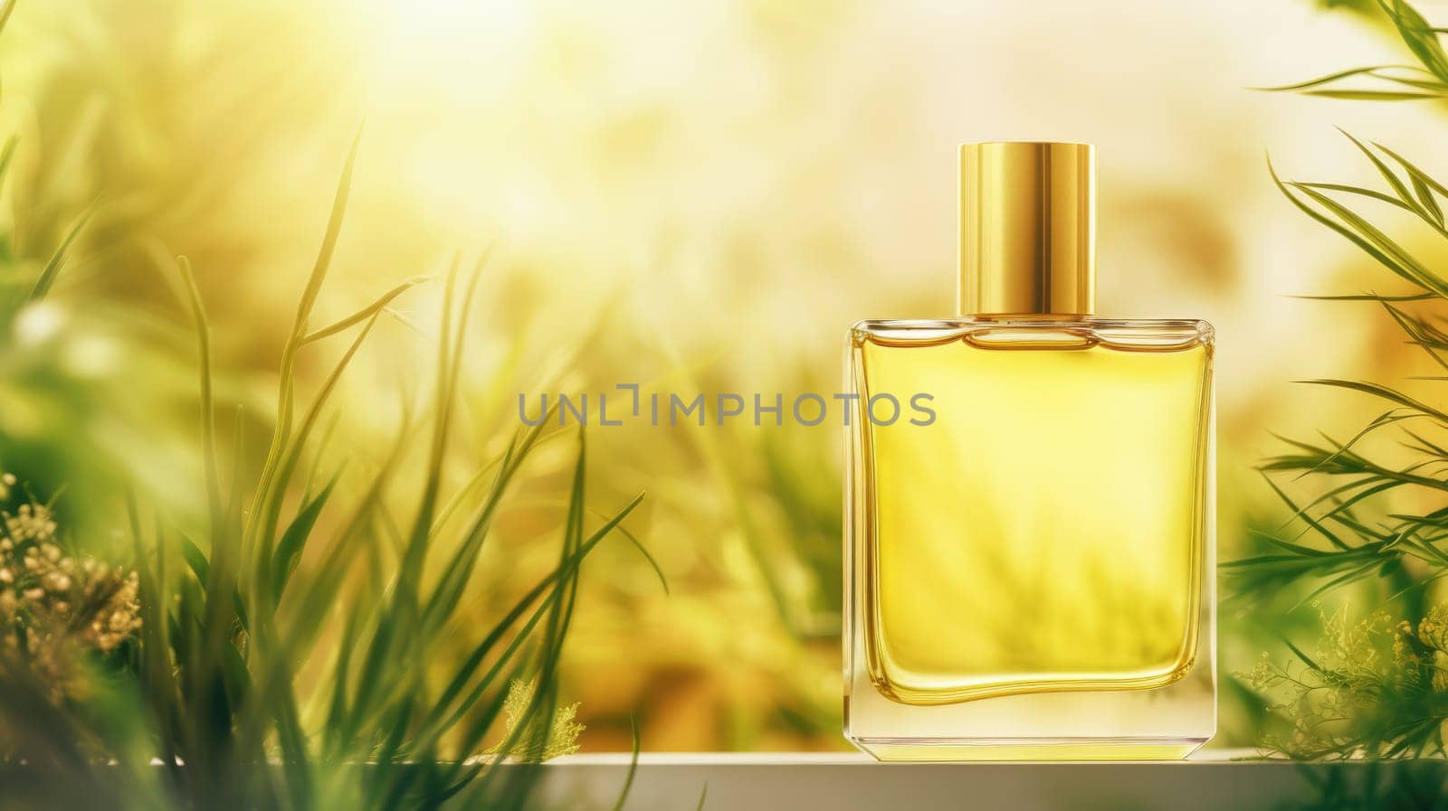 Transparent yellow glass perfume bottle mockup with plants on background. Eau de toilette. Mockup, spring flat lay