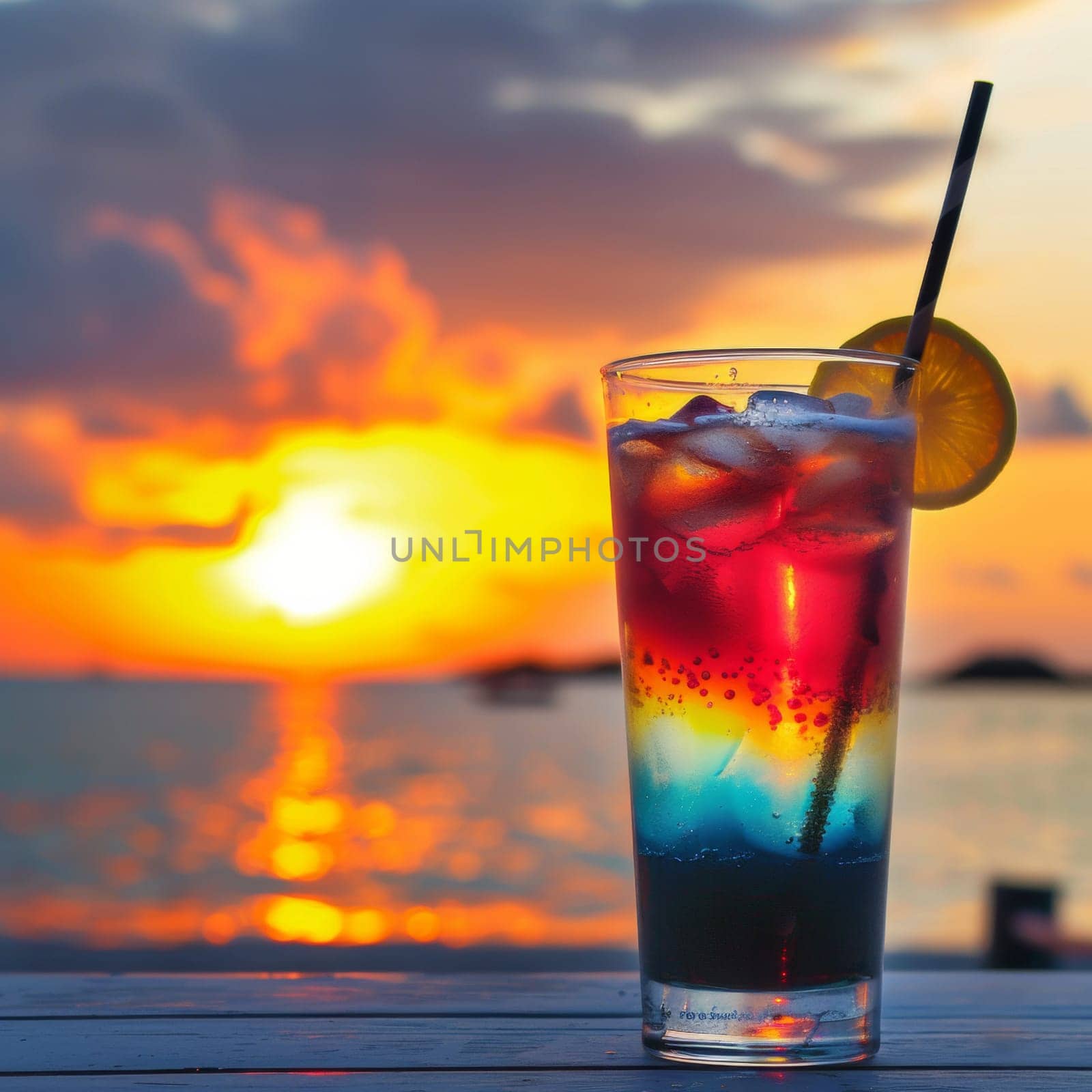 Delicious colorful cocktail drink at sunset with copy space by papatonic