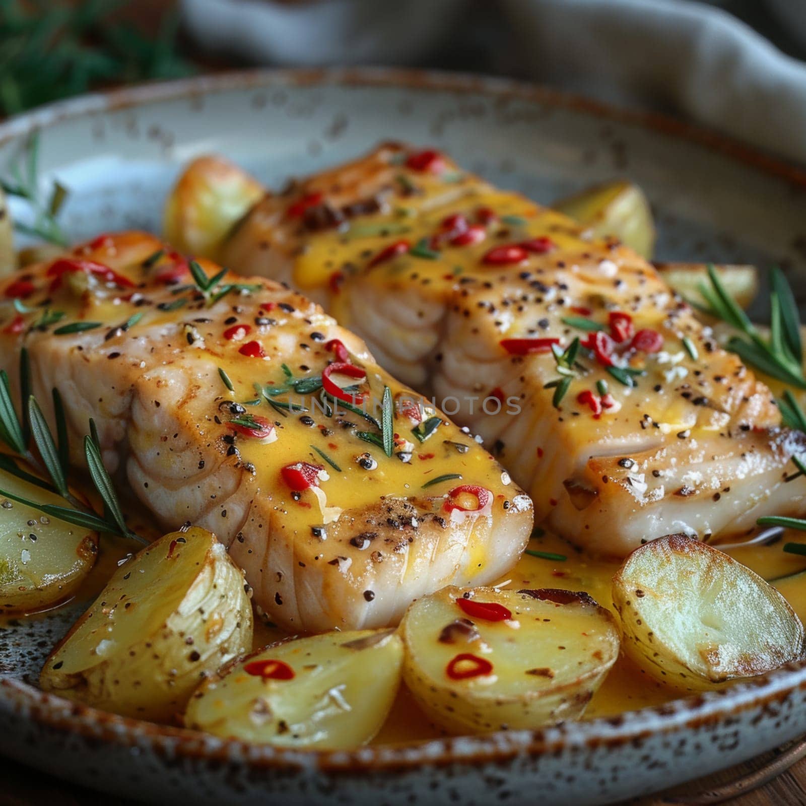 Fried wolfish fillets with baked potatoes on a rustic plate.