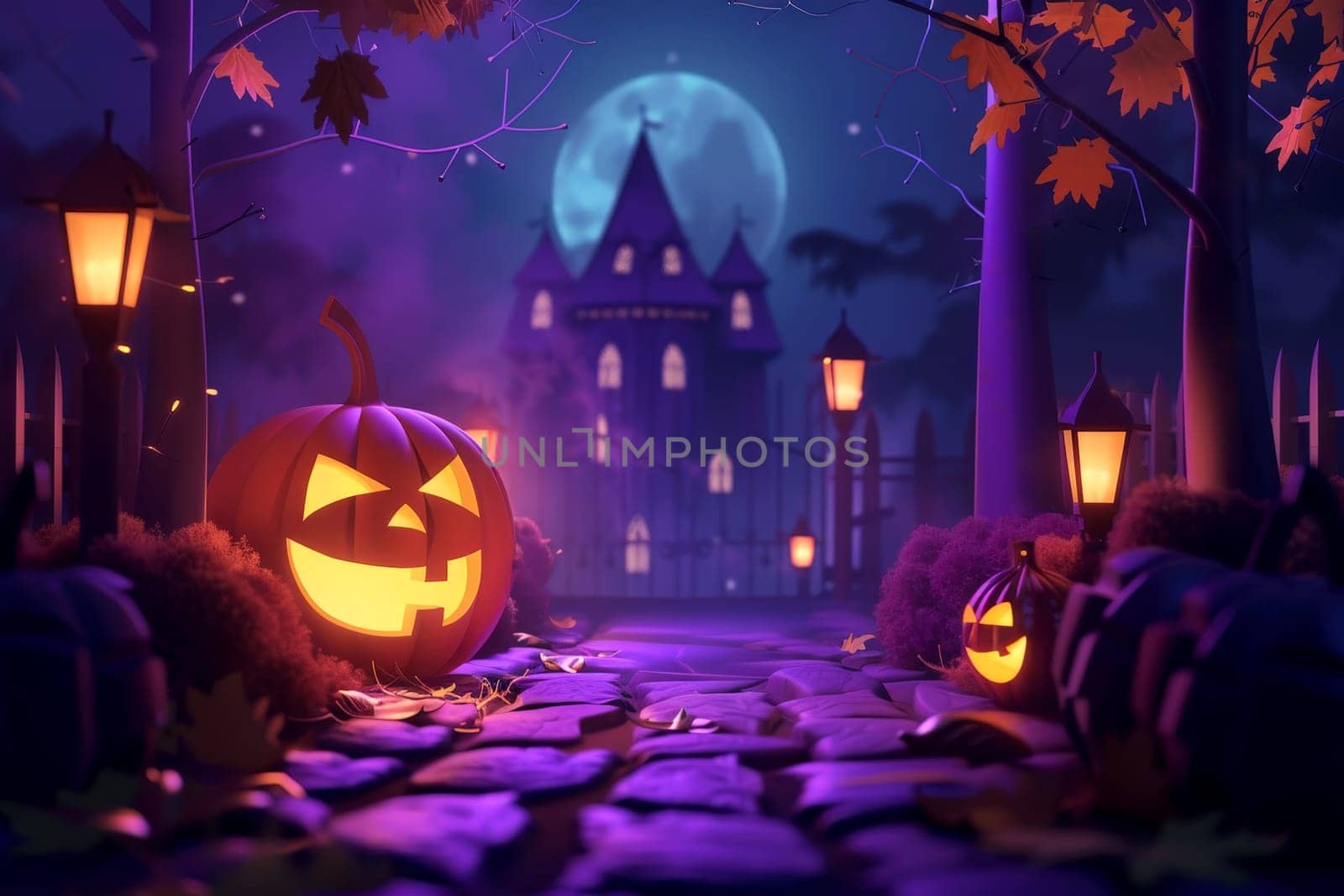 Halloween pumpkin poster, scary pumpkin with fantastic background, generative ai.