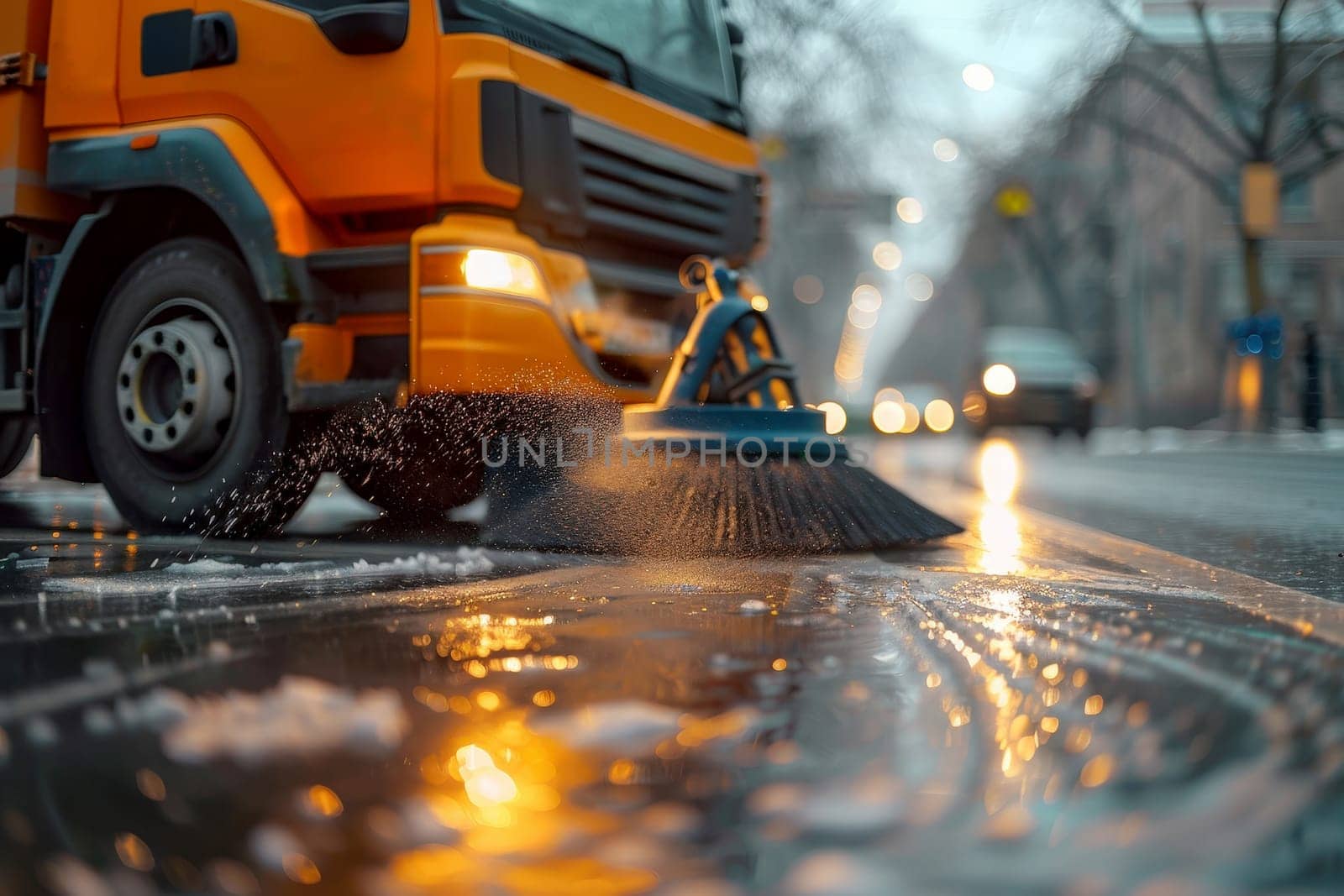 Close-up of a cleaning car sweeping the street. AI generated image.