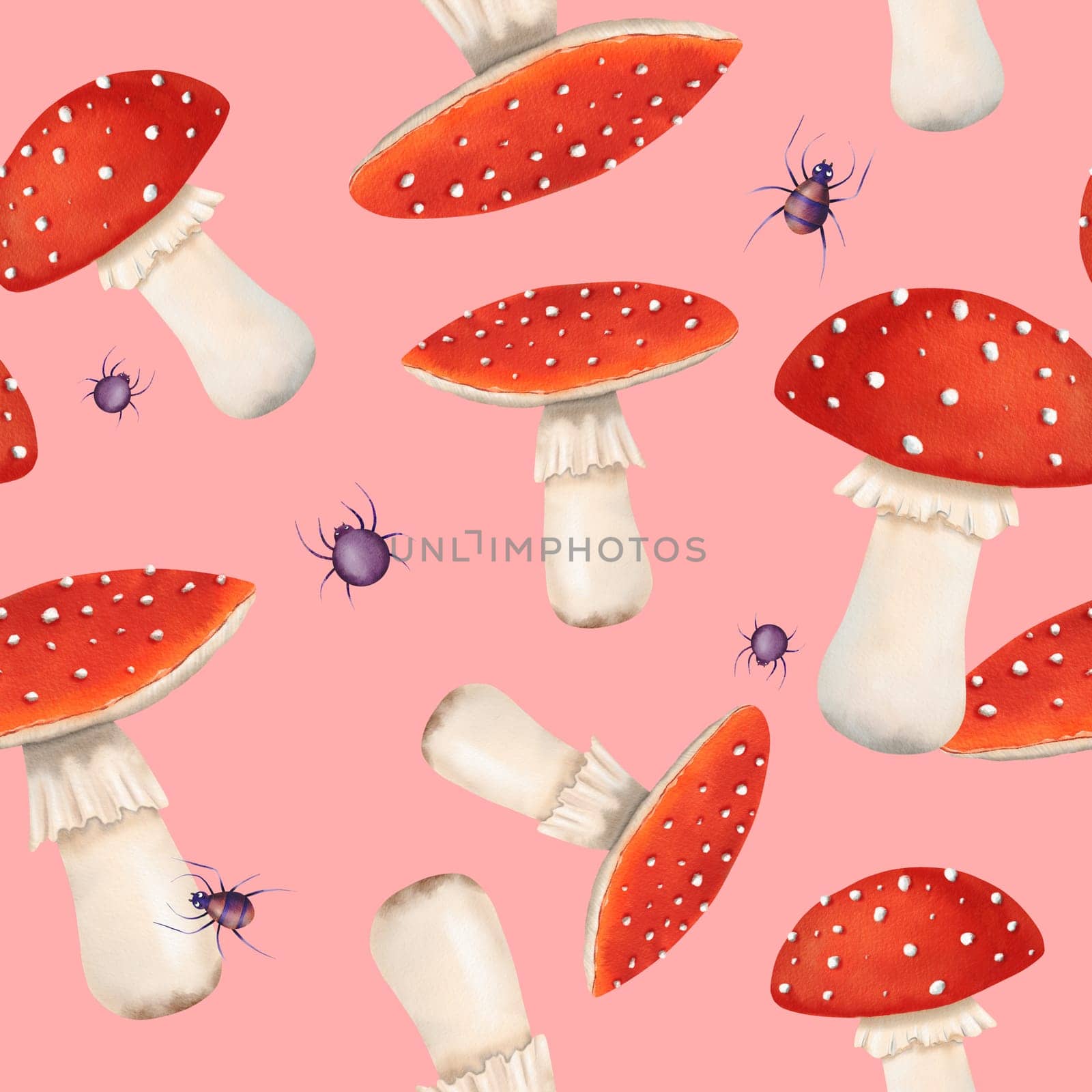 watercolor seamless pattern. poisonous fly agaric mushrooms with spiders, forest fungi. for textiles, kitchen decor, children's wallpapers, stationery, Pink background. Halloween atmosphere by Art_Mari_Ka