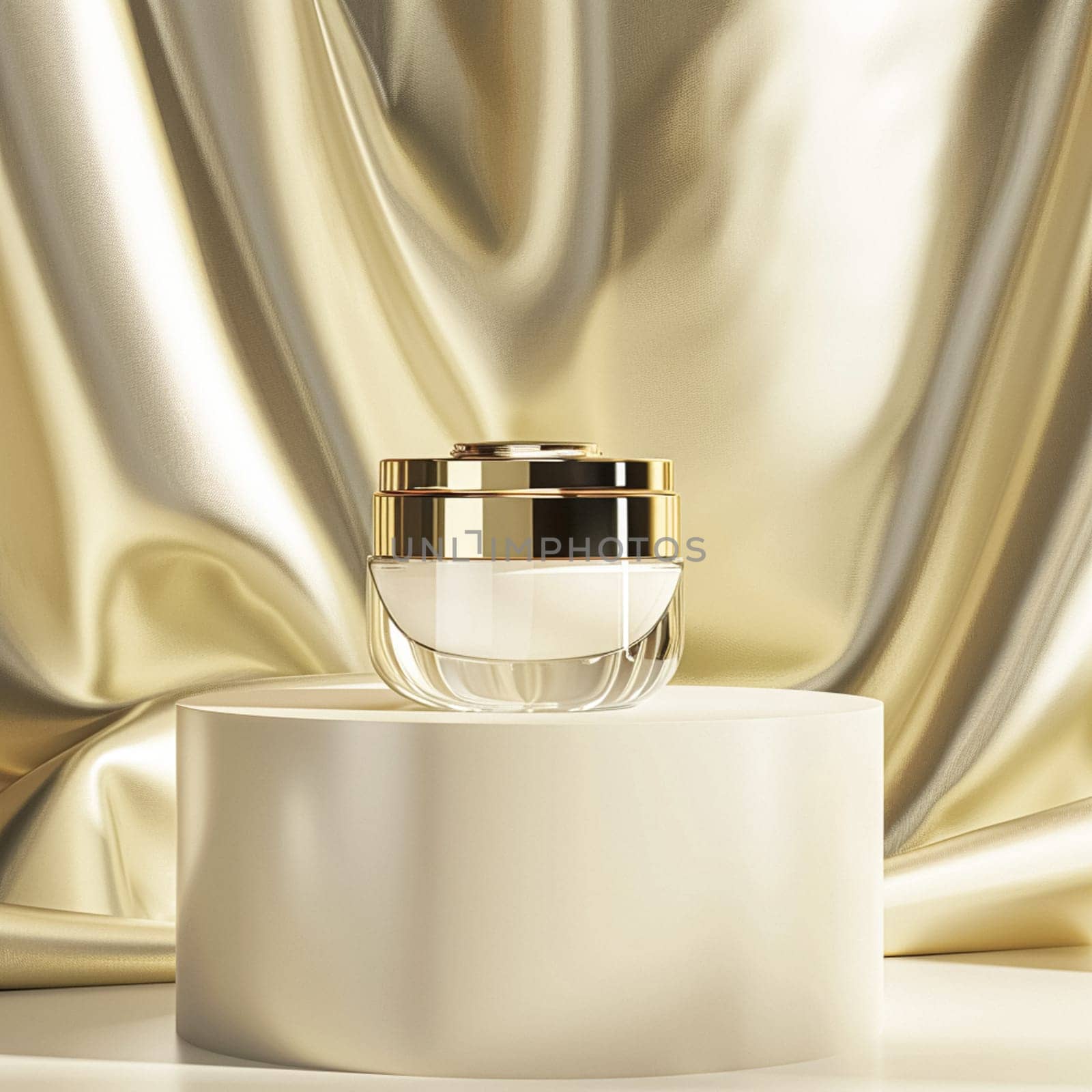 Face cream in a glass jar on a white and gold background. Skin care concept. Backdrop for beauty cosmetic products