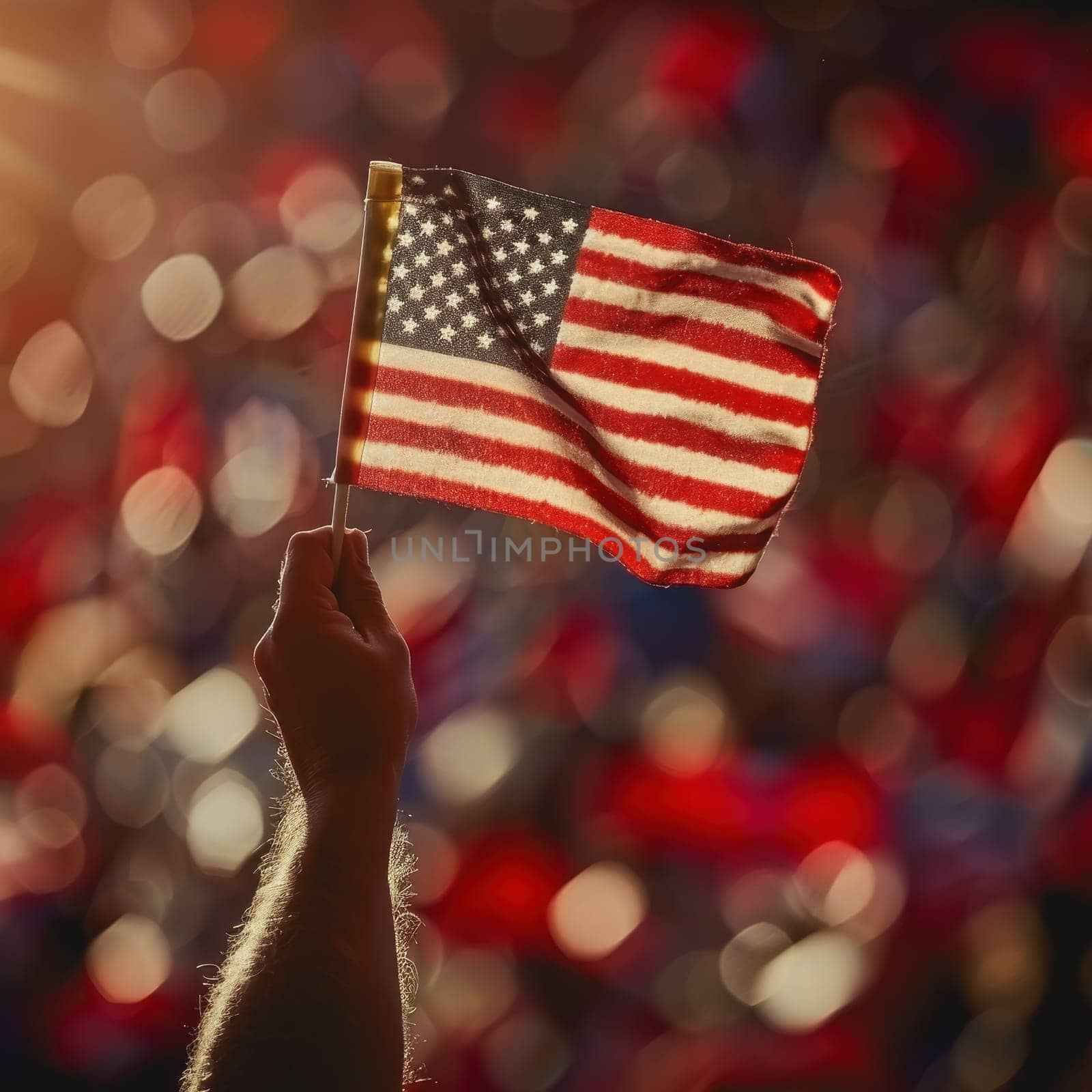 Focused image of a hand proudly holding a flag, of America is Independence Day
