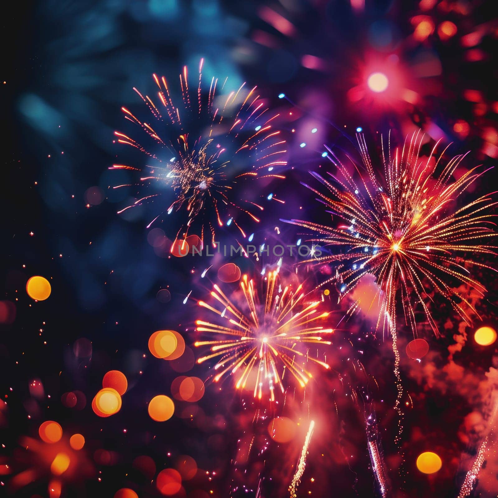 fireworks celebrating, a blur background of a city sky night, America Independence Day