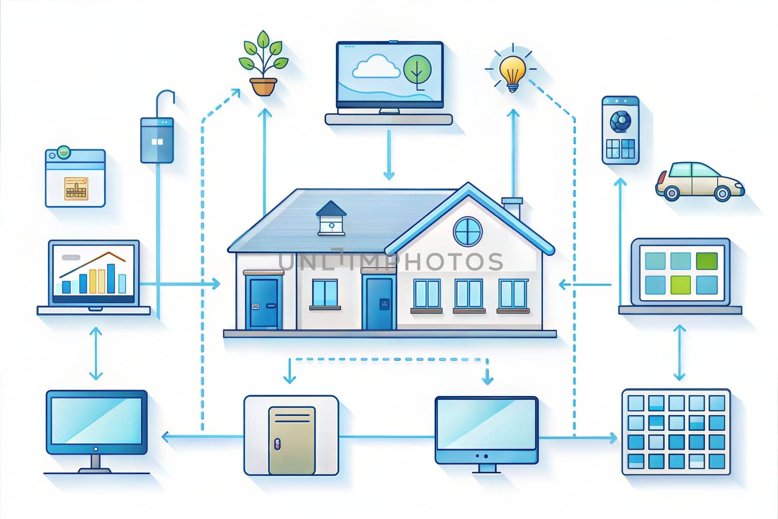 Smart home technology concep. Building consists digits and connected with icons of domestic smart devices. illustration concept of System intelligent control house on white background. IOT. Ai generated image