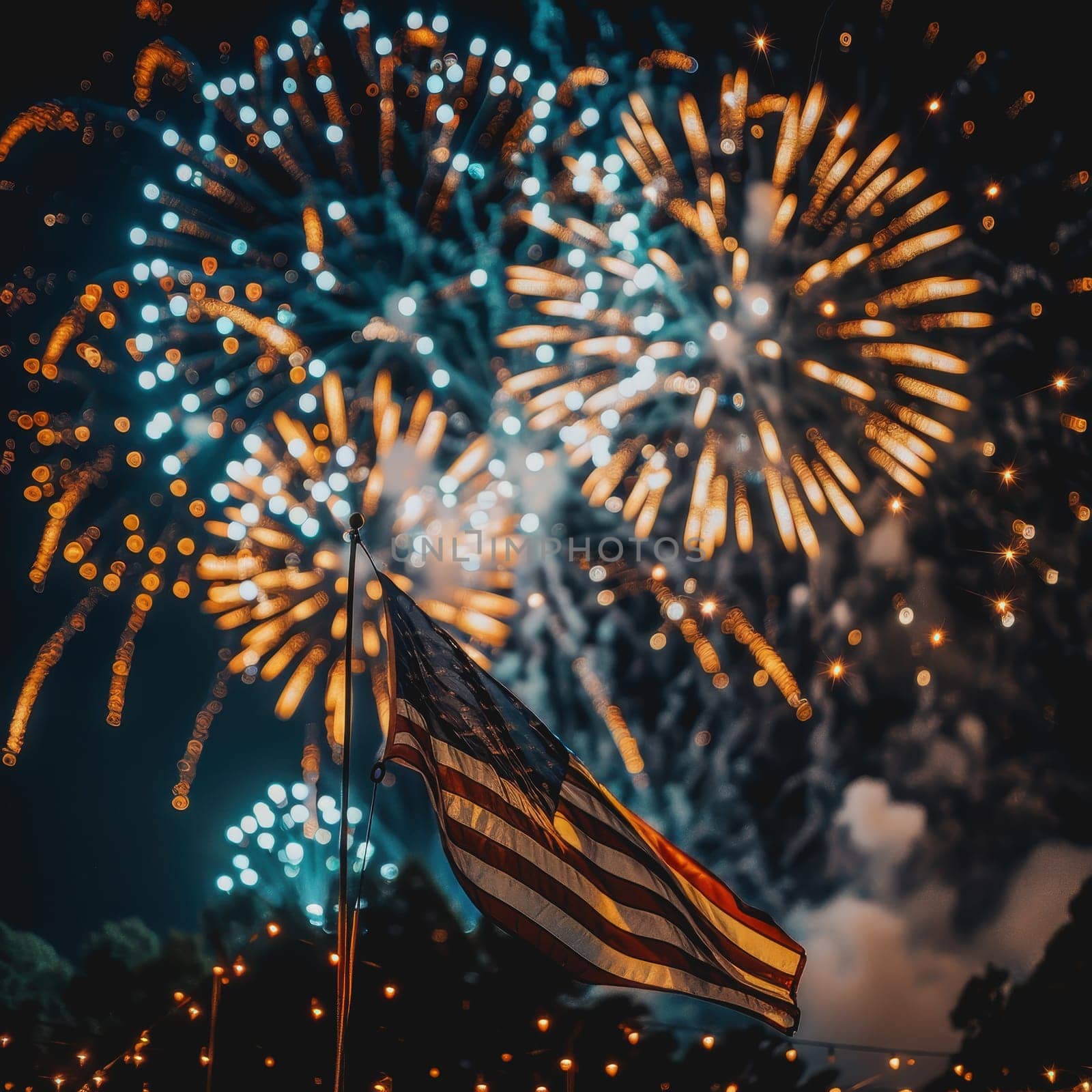 fireworks celebrating, a blur background of a city sky night, America Independence Day