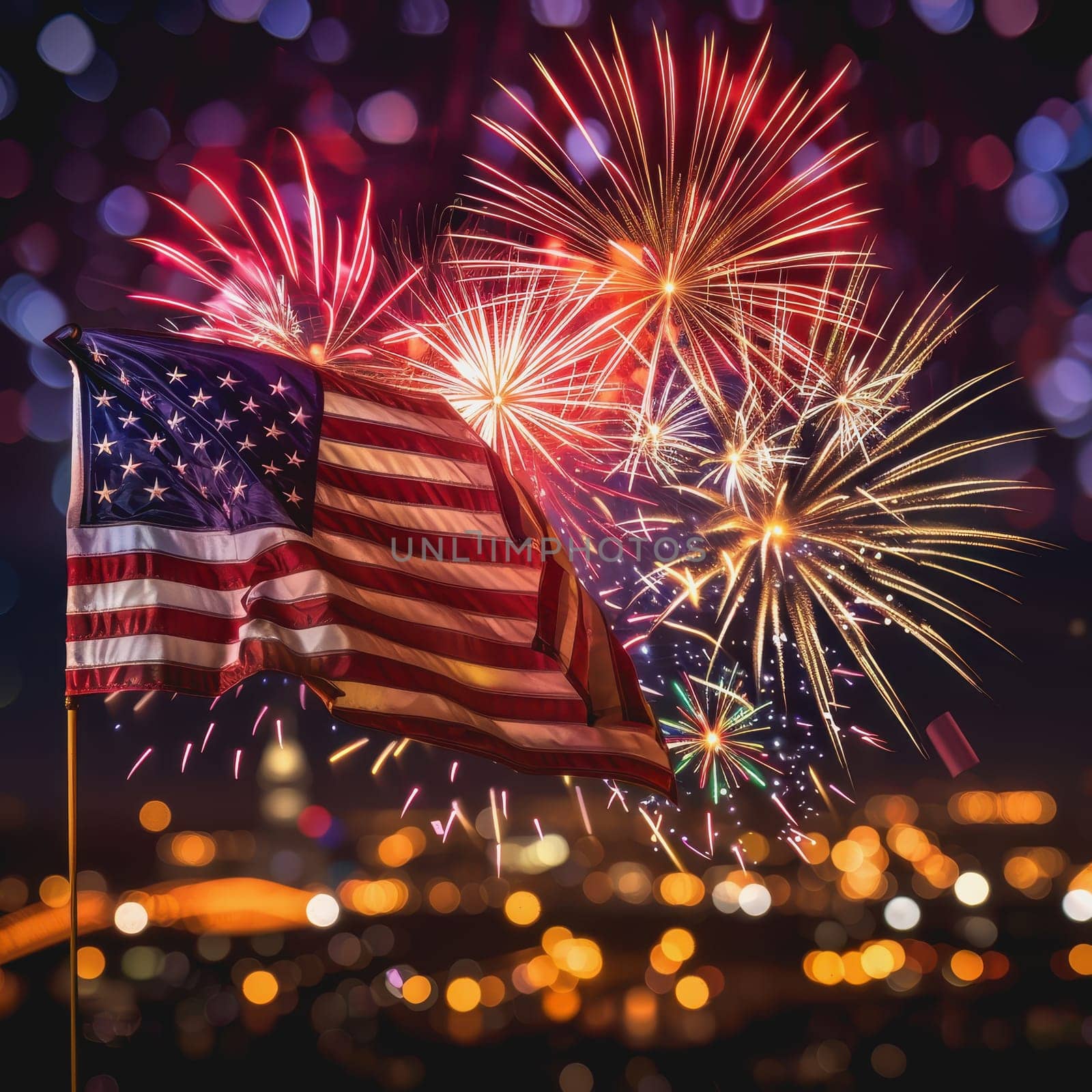 fireworks celebrating, a blur background of a fluttering American flag, America Independence Day