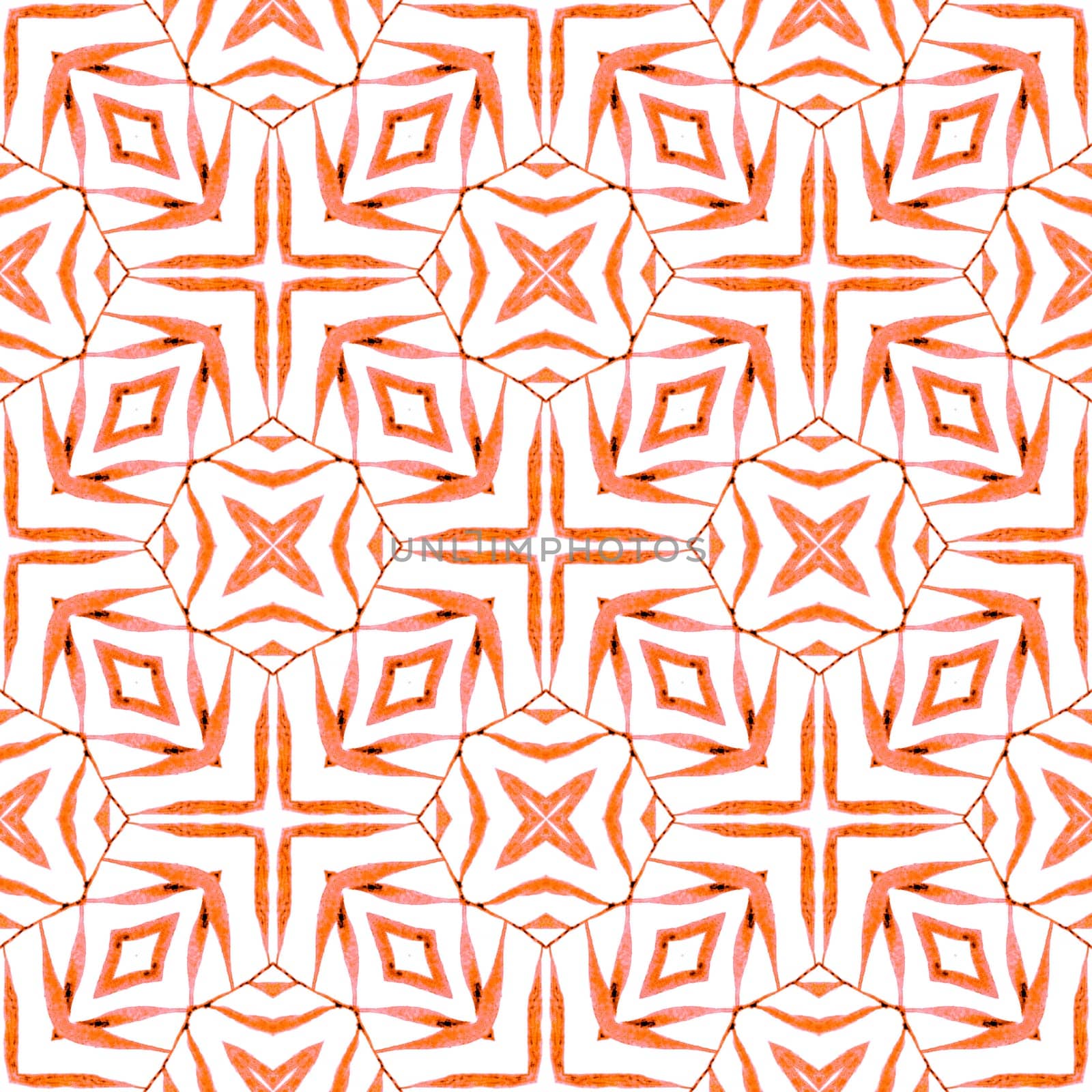 Textile ready remarkable print, swimwear fabric, wallpaper, wrapping. Orange symmetrical boho chic summer design. Organic tile. Trendy organic green border.
