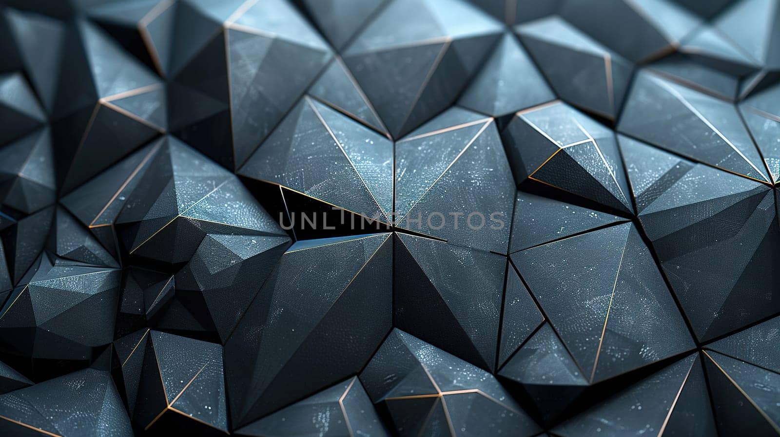 Black background of polygonal shapes, mosaic of low poly triangles with golden lines. Generated by artificial intelligence by Vovmar