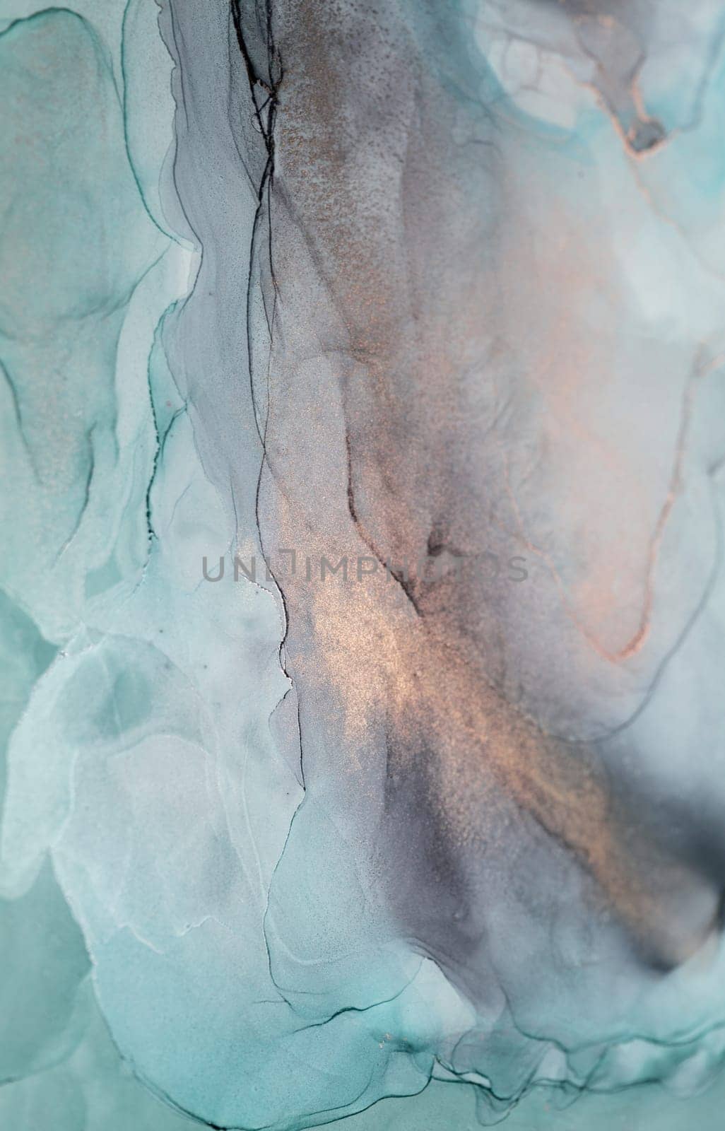 A close-up image of a teal and gray abstract painting created using alcohol ink. The colors blend and swirl, creating a dynamic and visually appealing piece of art.