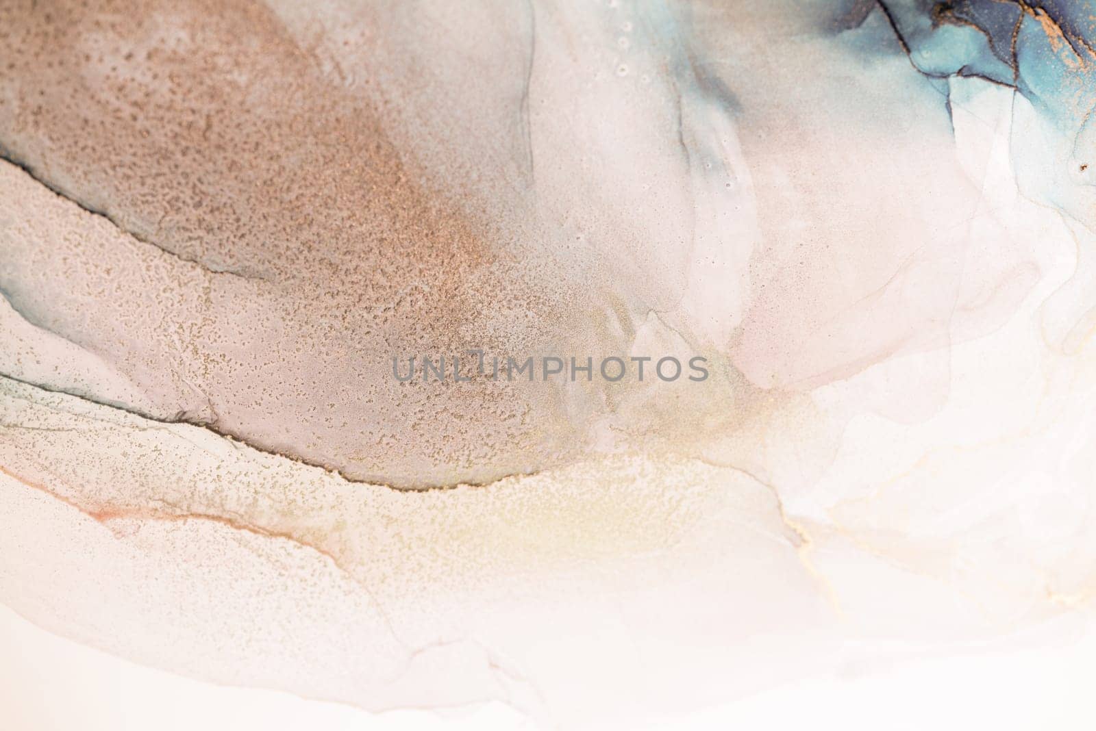An abstract painting featuring flowing, swirling teal and silver ink. The artwork creates a sense of depth and movement, with light and dark areas intermingling.