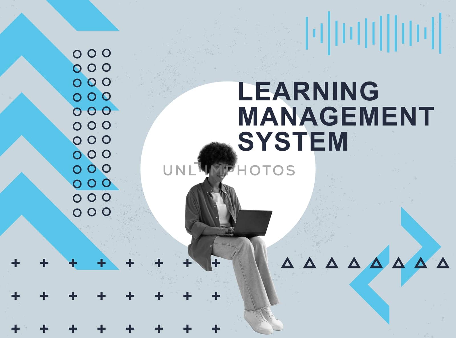 Learning management system LMS. Collage with a young woman working on laptop.
