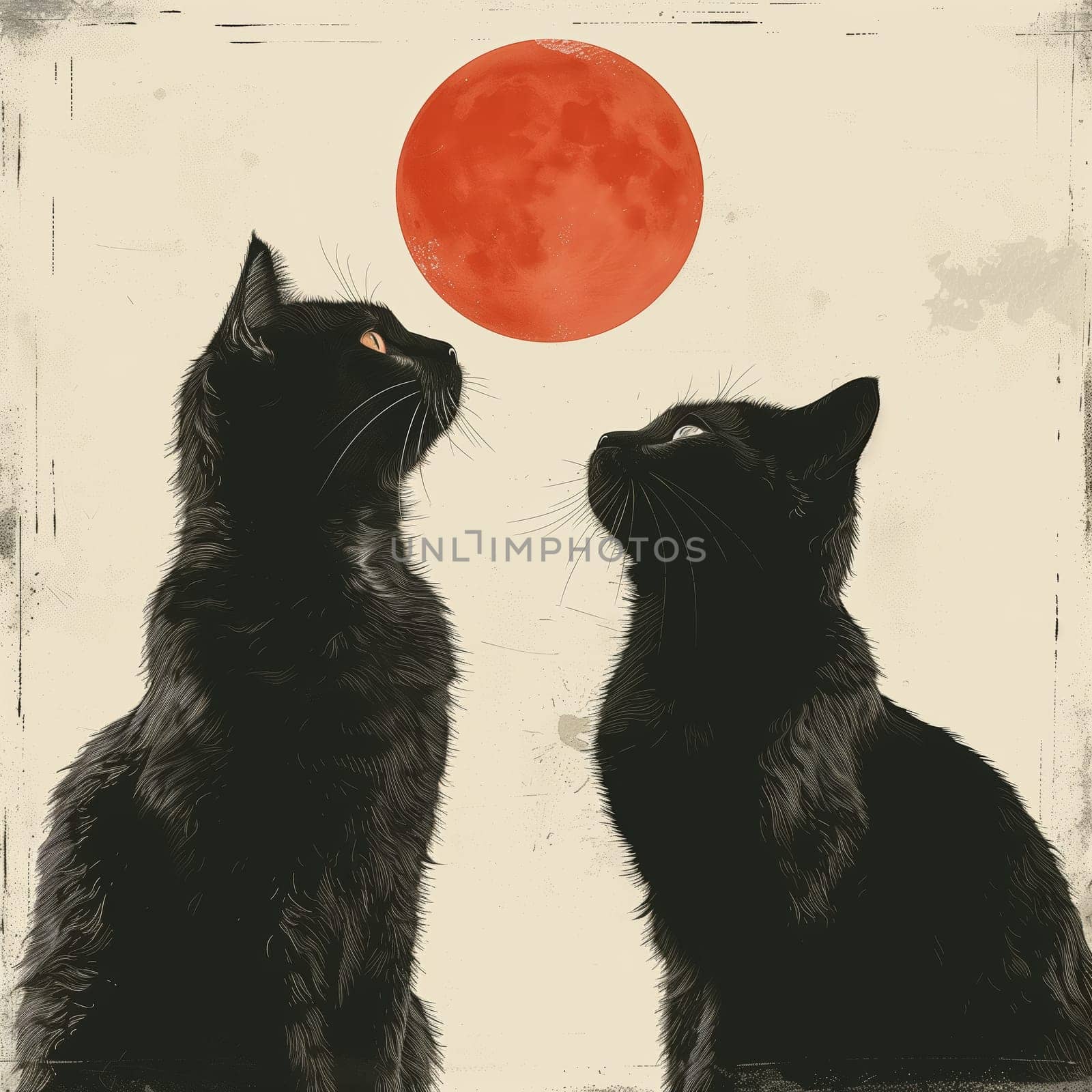 This image depicts two black cats, looking up at a full red moon in the sky. The cats are both sitting and looking upwards, with their heads tilted slightly. The moon is large and full, with a red hue, and the background is a light beige color. The image has a soft, vintage aesthetic.