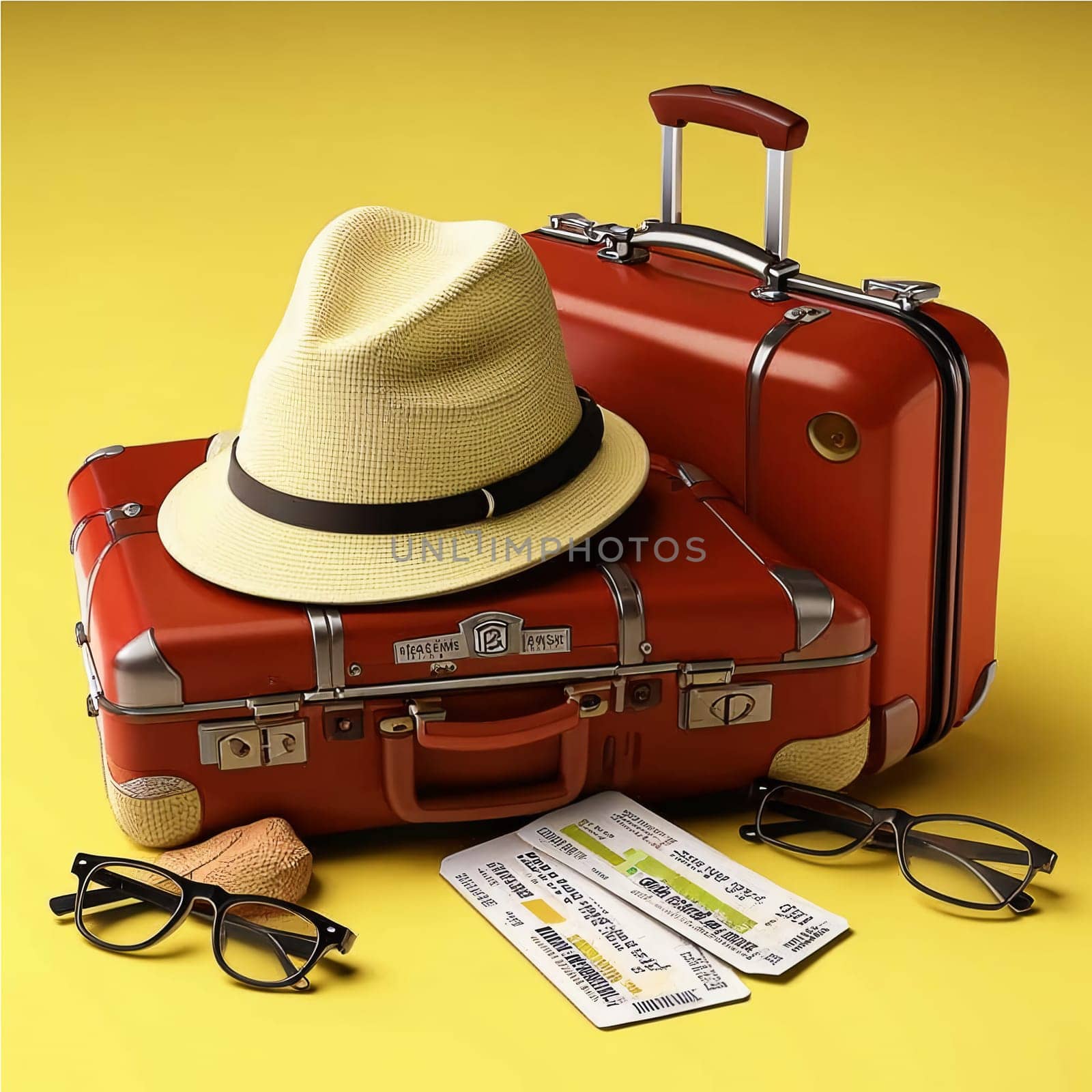 The hat is lying on a suitcase on the airplan. High quality photo. A beige hat is lying on a brown suitcase. Nearby are glasses and tickets