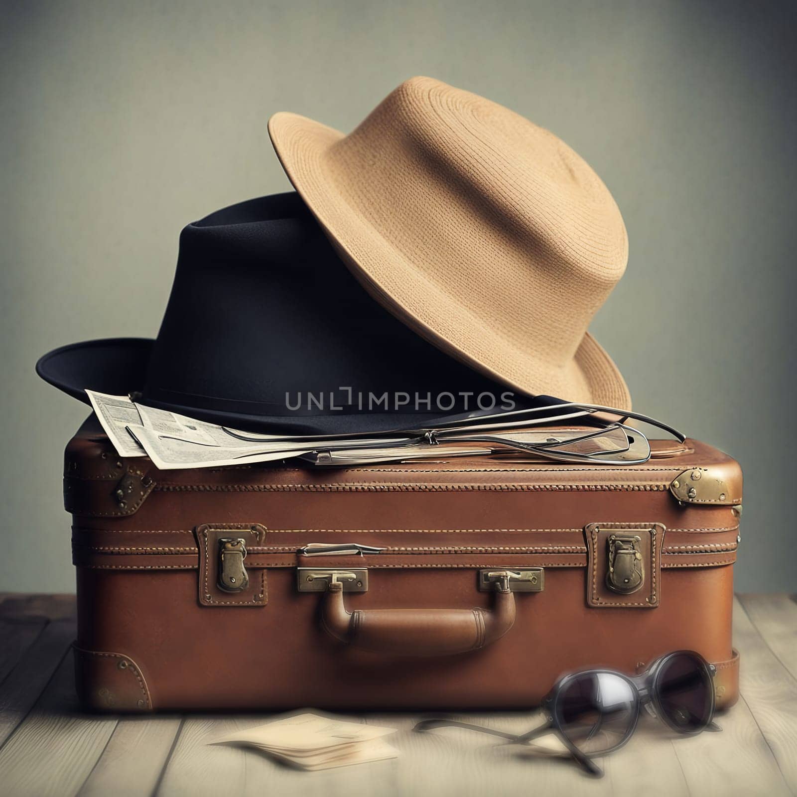 Beige and black hats lying on a brown suitcase. High quality photo.