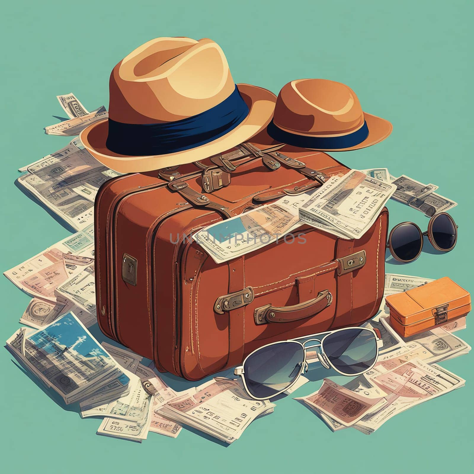 The hat is lying on a suitcase on the airplan. High quality photo. A beige hat is lying on a brown suitcase. Nearby are glasses and tickets